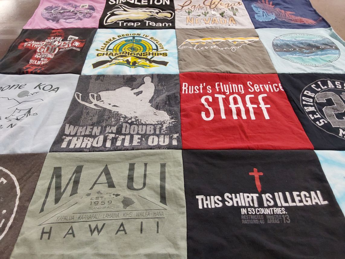 T-shirt quilt with trap shooting, flying themes by Wendi from AK