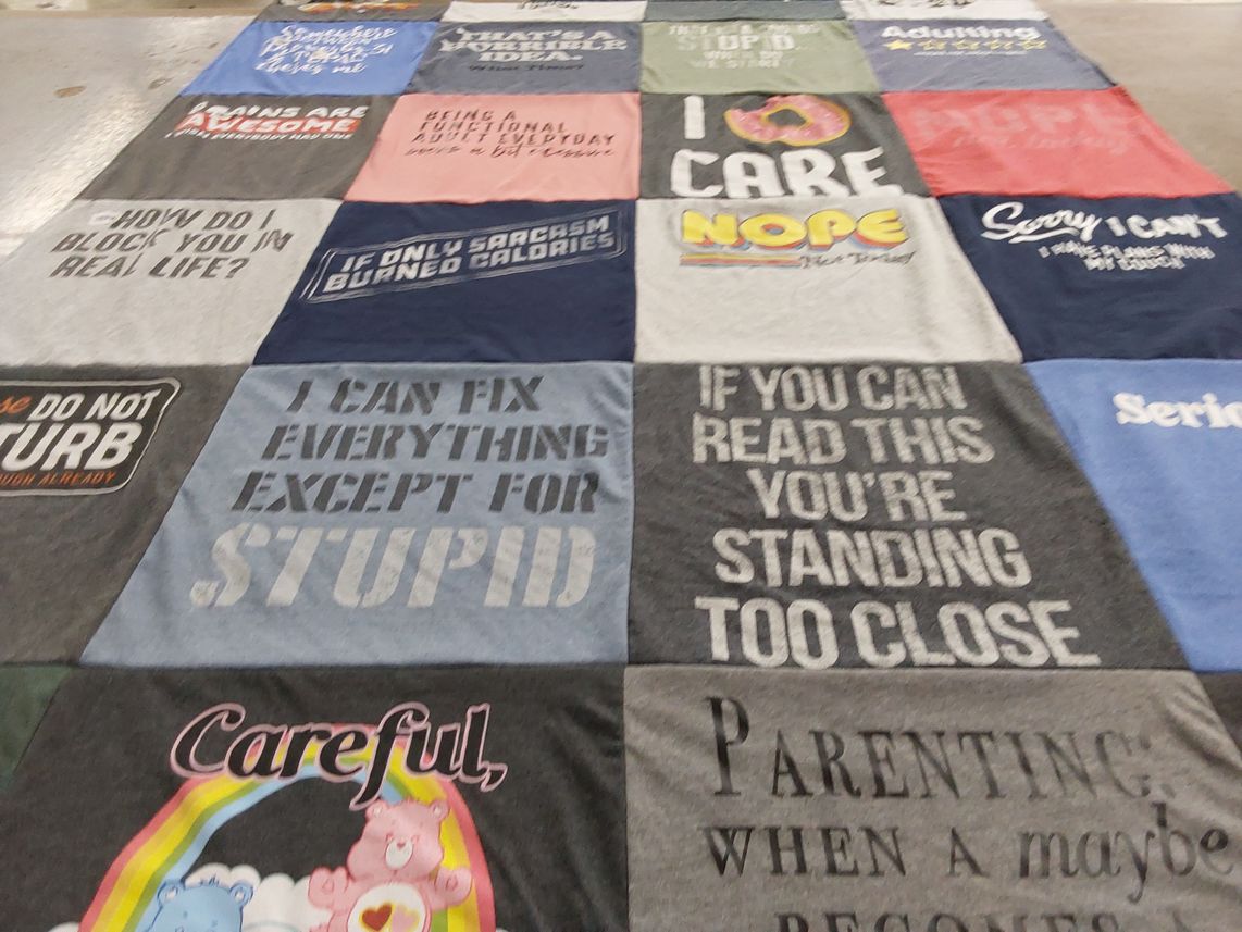T-shirt quilt with humor, parenting themes by Kacey from IL