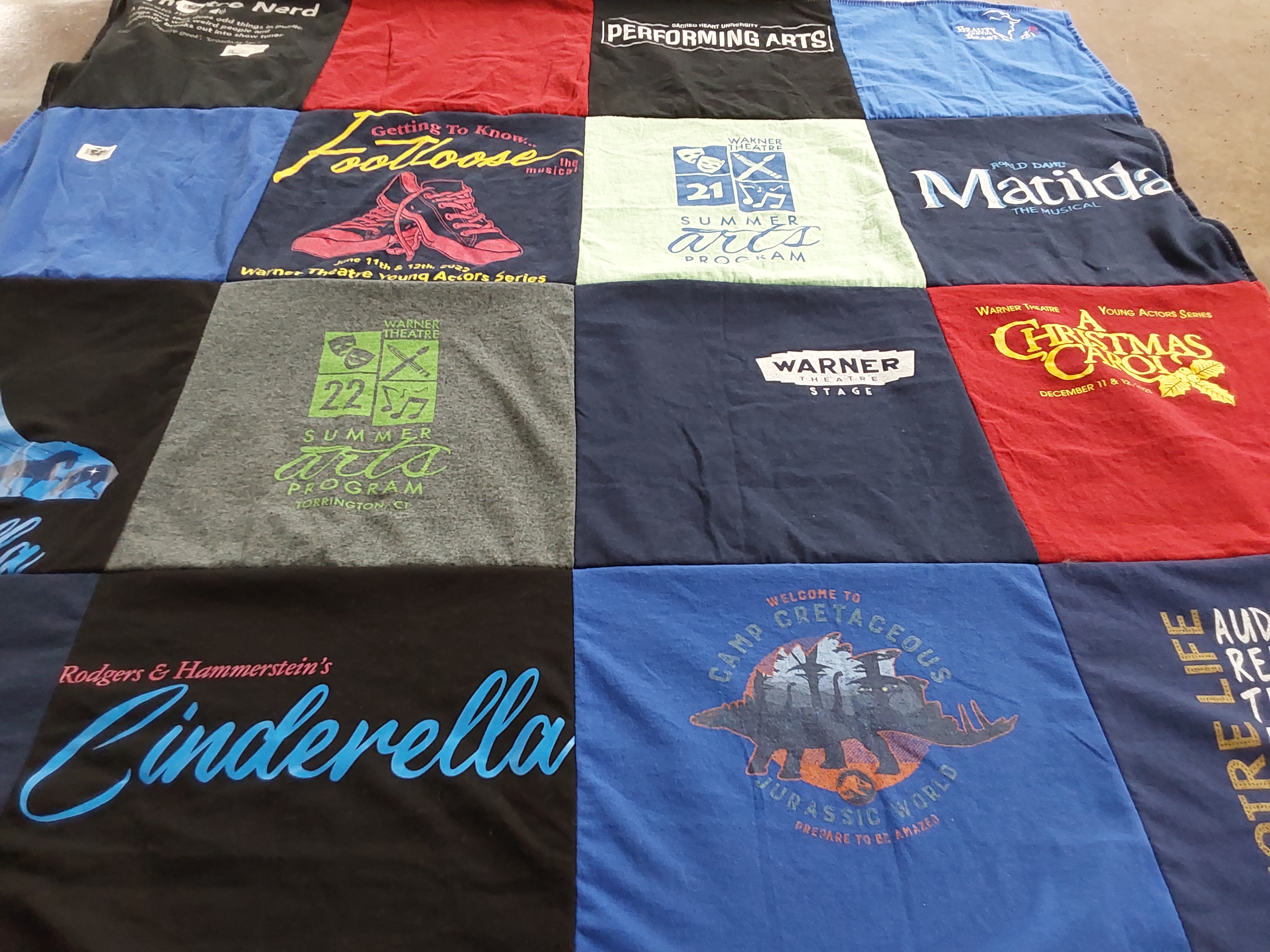 T-shirt quilt with theatre, musicals themes by Michelle from CT