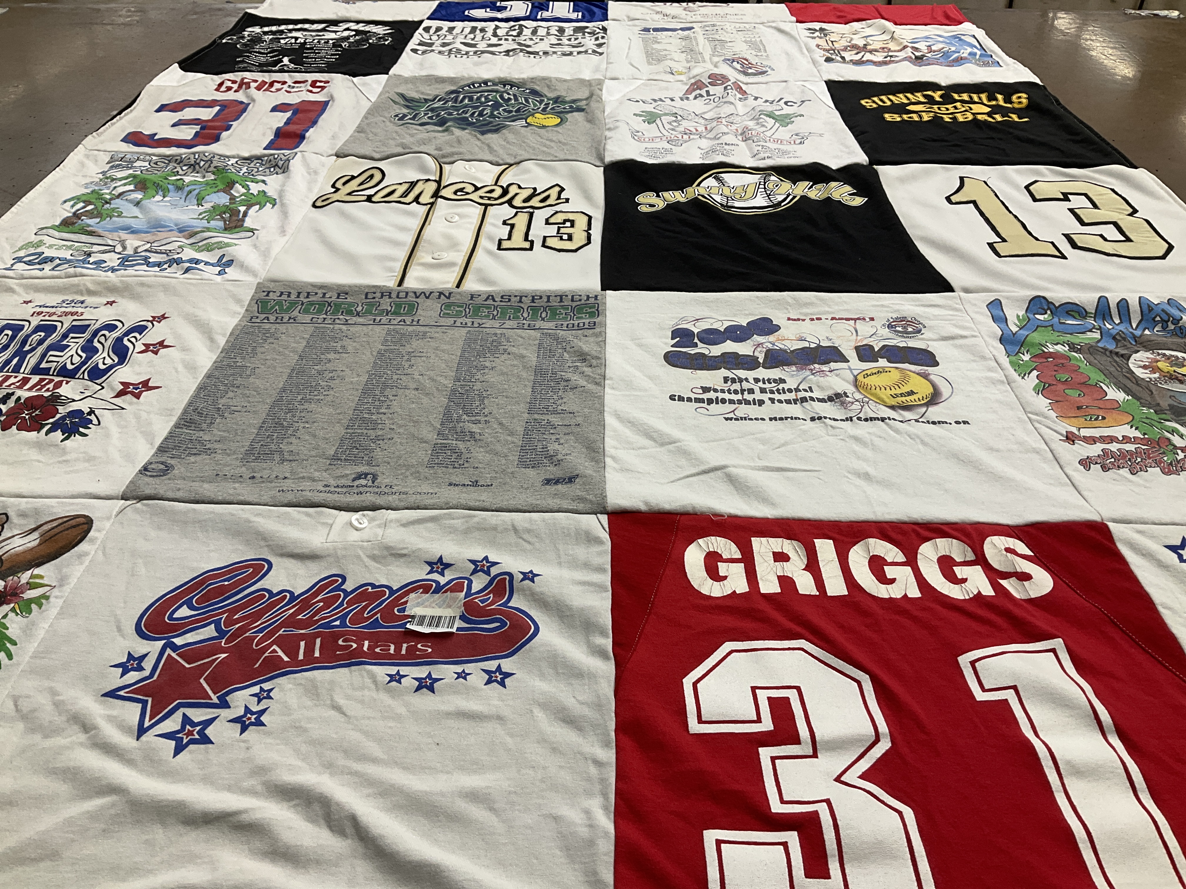 T-shirt quilt with softball, baseball themes by Katie from AZ