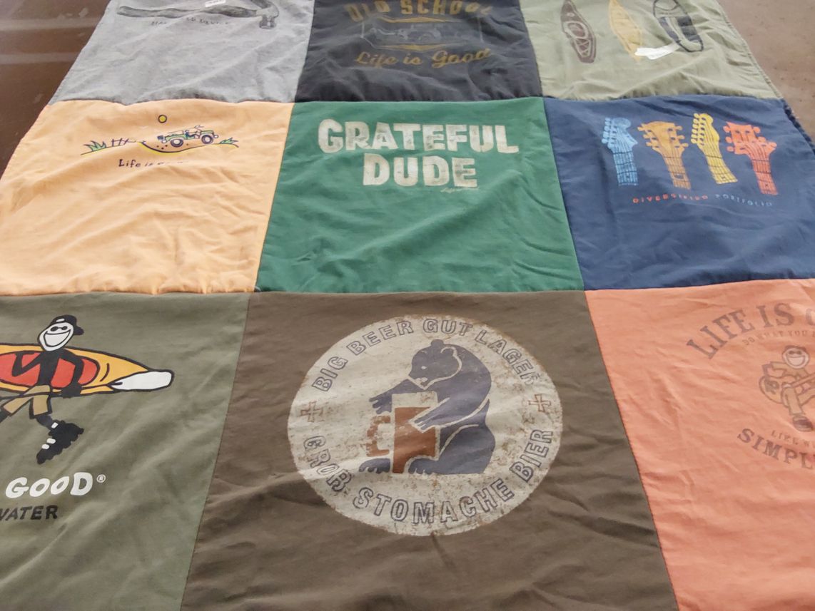 T-shirt quilt with outdoor activities, music themes by Laura from FL