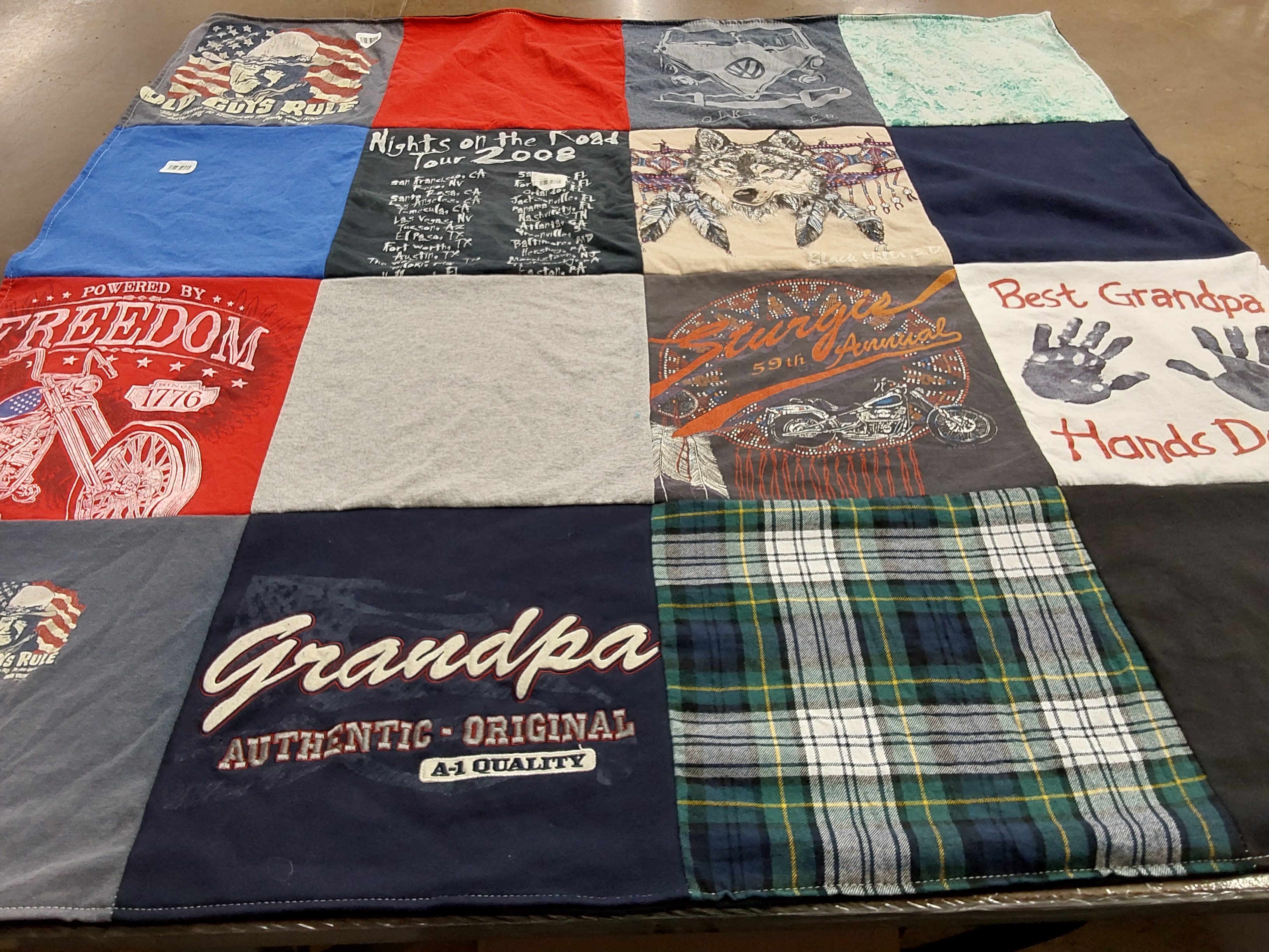 T-shirt quilt with motorcycles, family themes by Ashley from IL