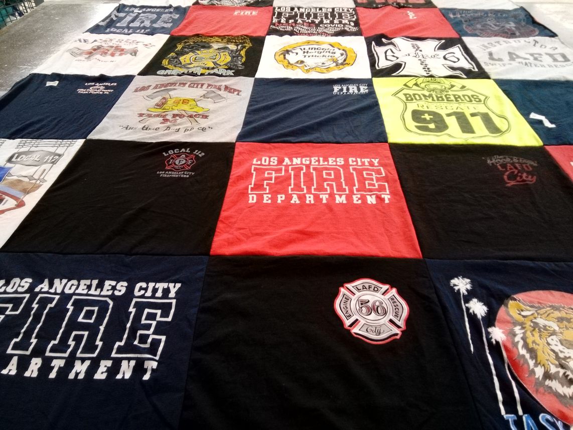 T-shirt quilt with firefighting, emergency services themes by Sabrina from CA