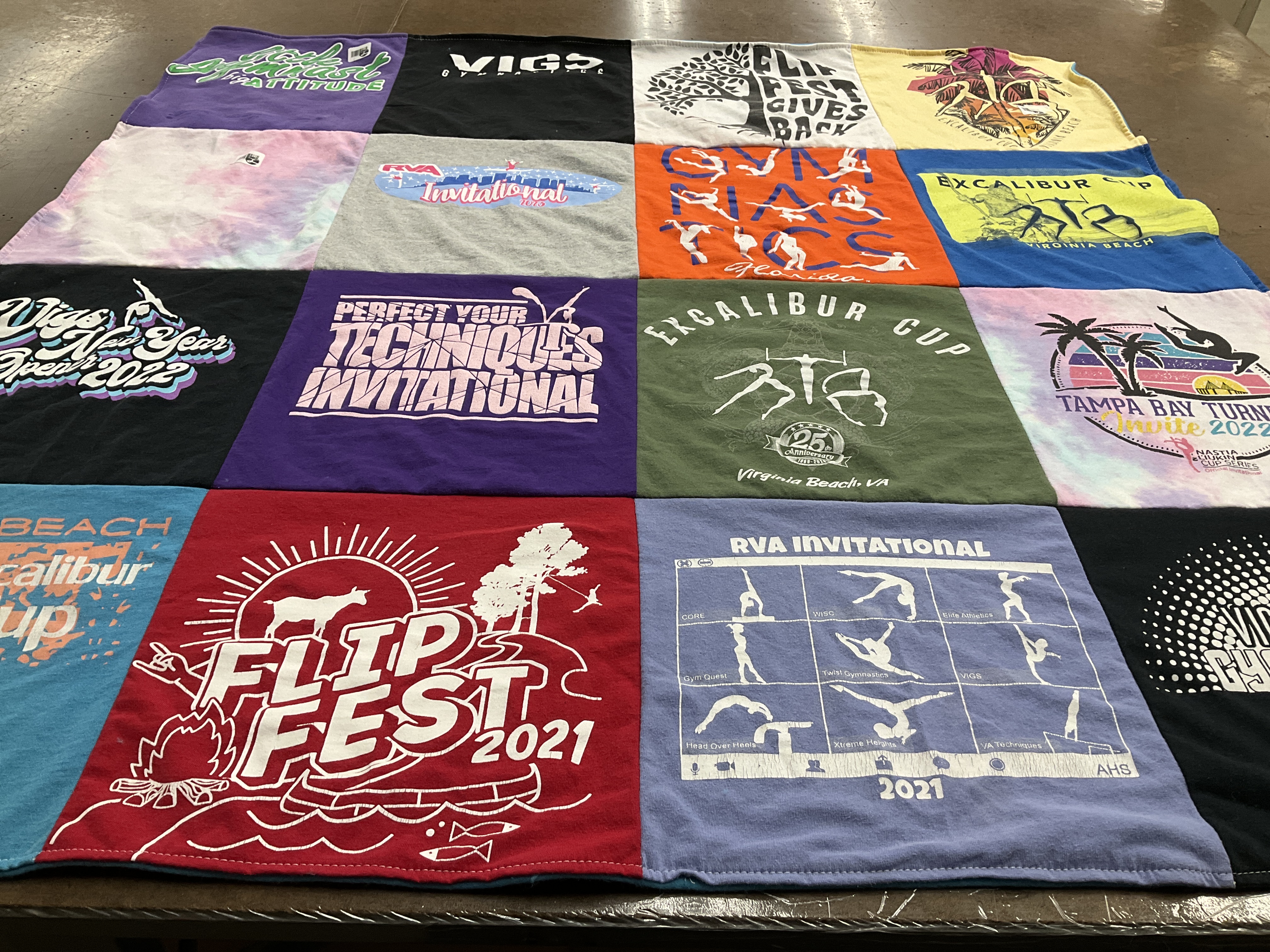 T-shirt quilt with gymnastics, sports themes by Rosaria from VA