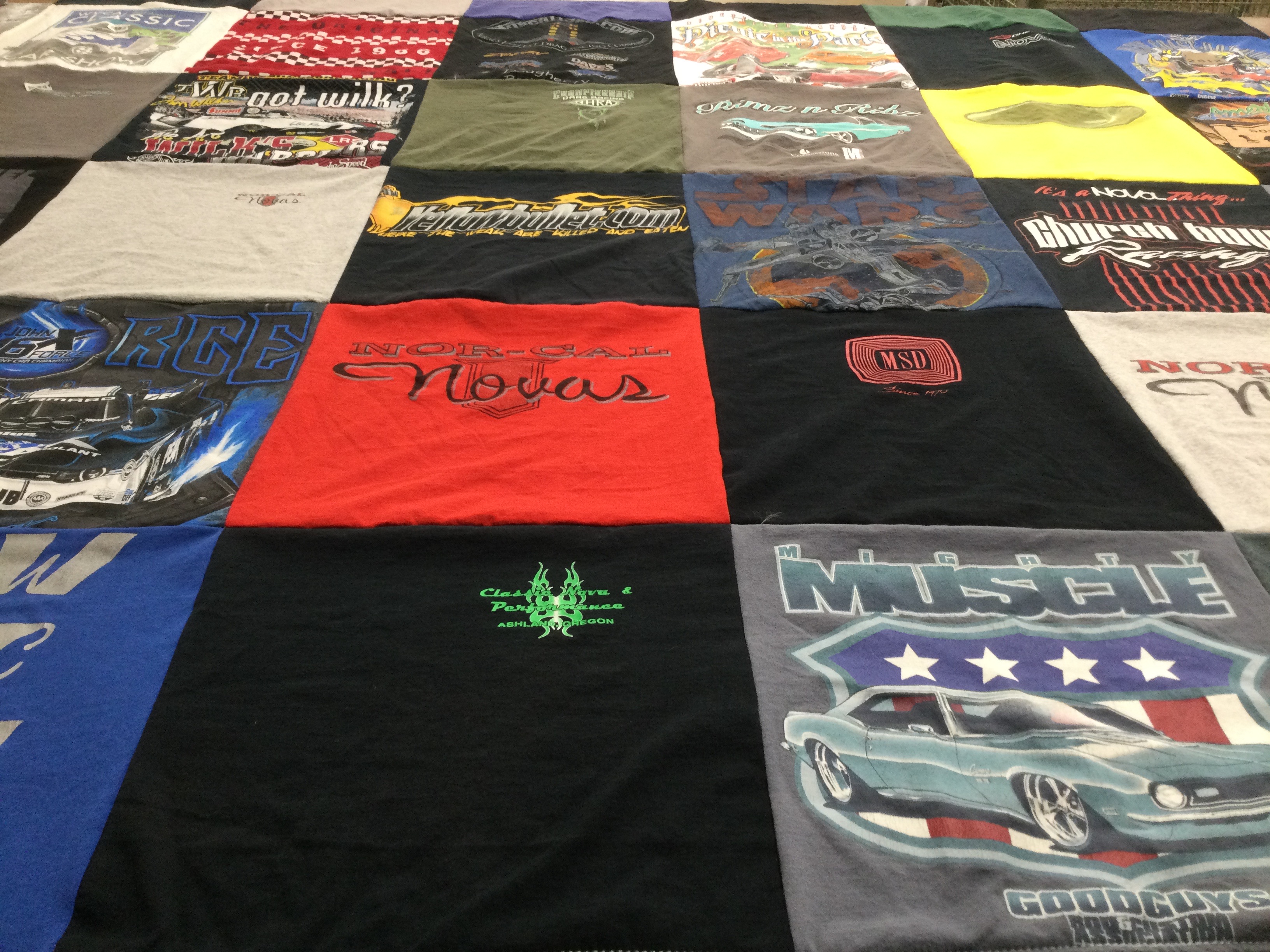 T-shirt quilt with car racing, muscle cars themes by Karen from NC