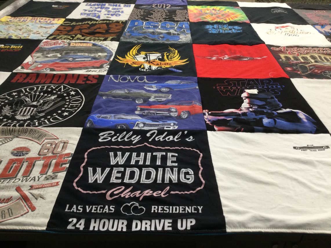 T-shirt quilt with music, cars themes by Karen from NC