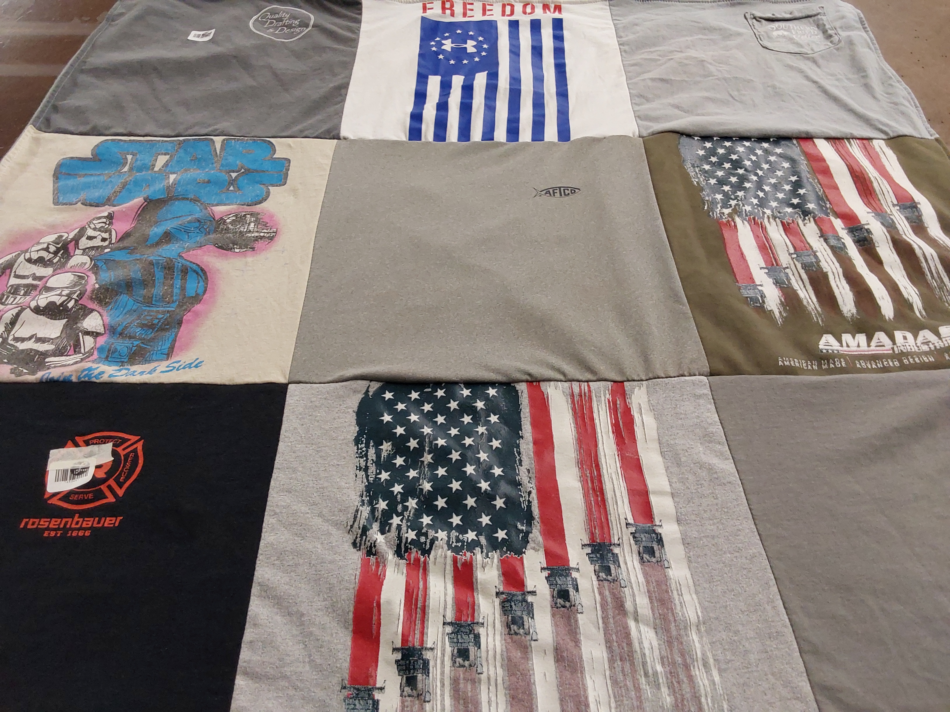 T-shirt quilt with science fiction, firefighting themes by FRAN from GA