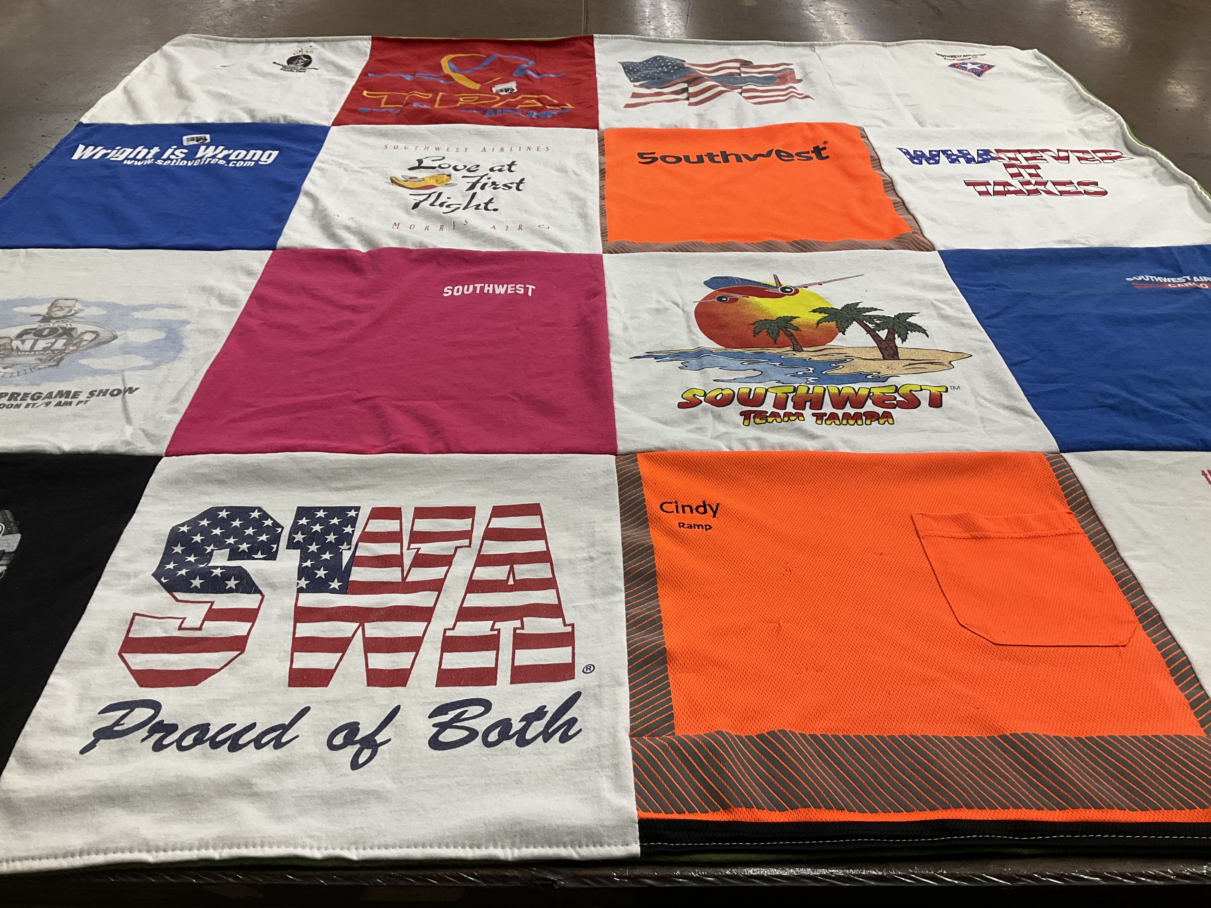 T-shirt quilt with travel, aviation themes by Cynthia from FL