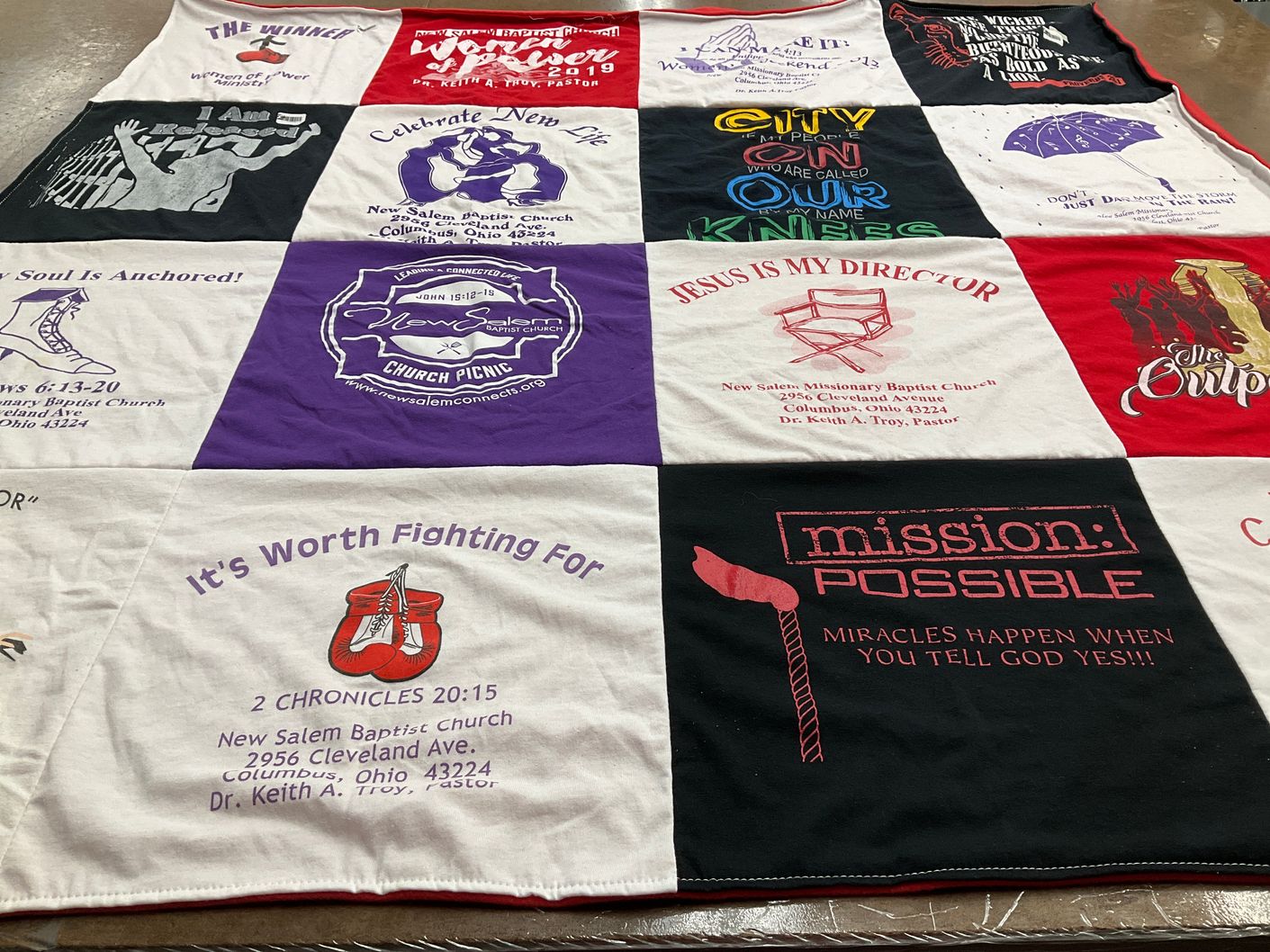 T-shirt quilt with community, faith themes by Charity from OH
