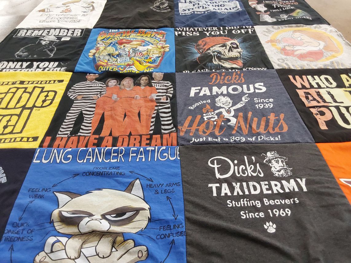 T-shirt quilt with humor, health themes by Kerry from VA