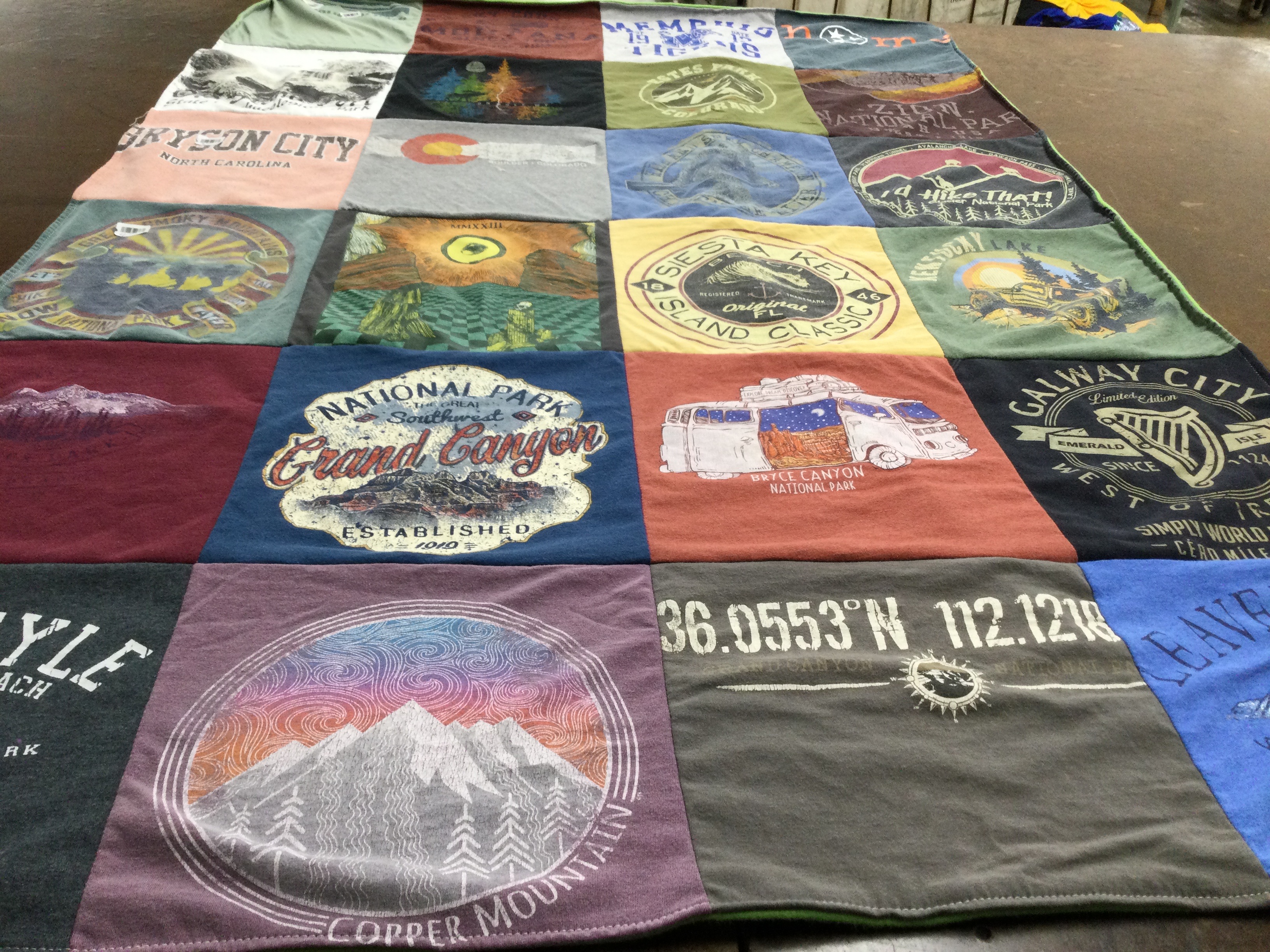 T-shirt quilt with hiking, travel themes by Amanda from TN