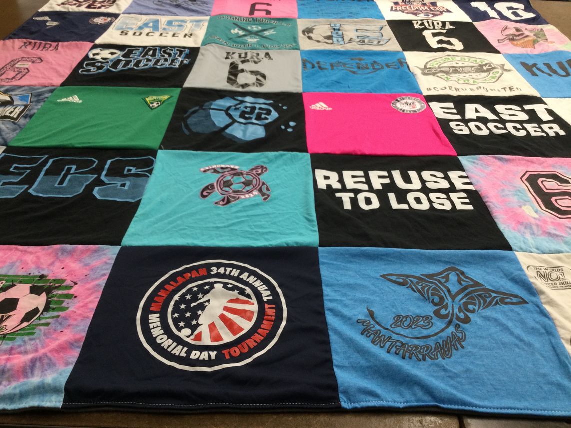 T-shirt quilt with soccer, sports themes by Kristin from NJ