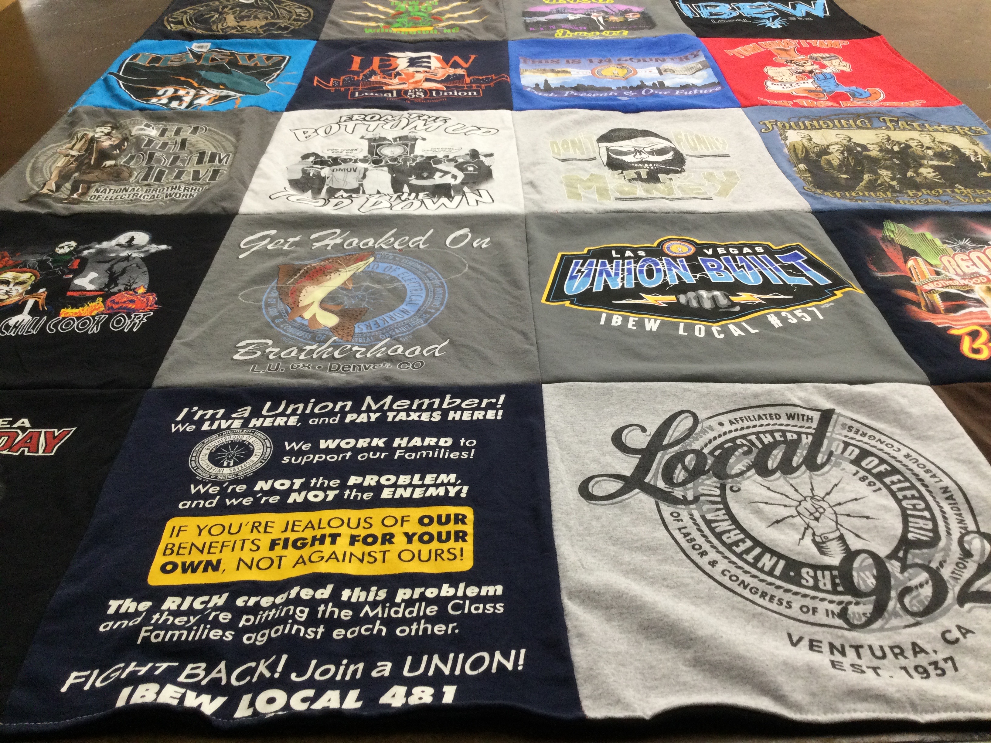 T-shirt quilt with labor rights, union activism themes by Dustin from IN