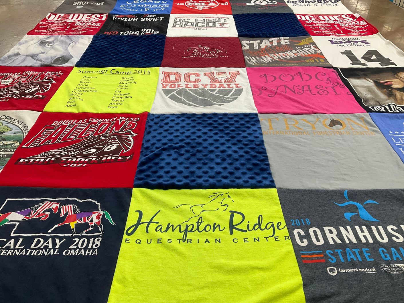 T-shirt quilt featuring douglas county west high school falcons by Connie from NE