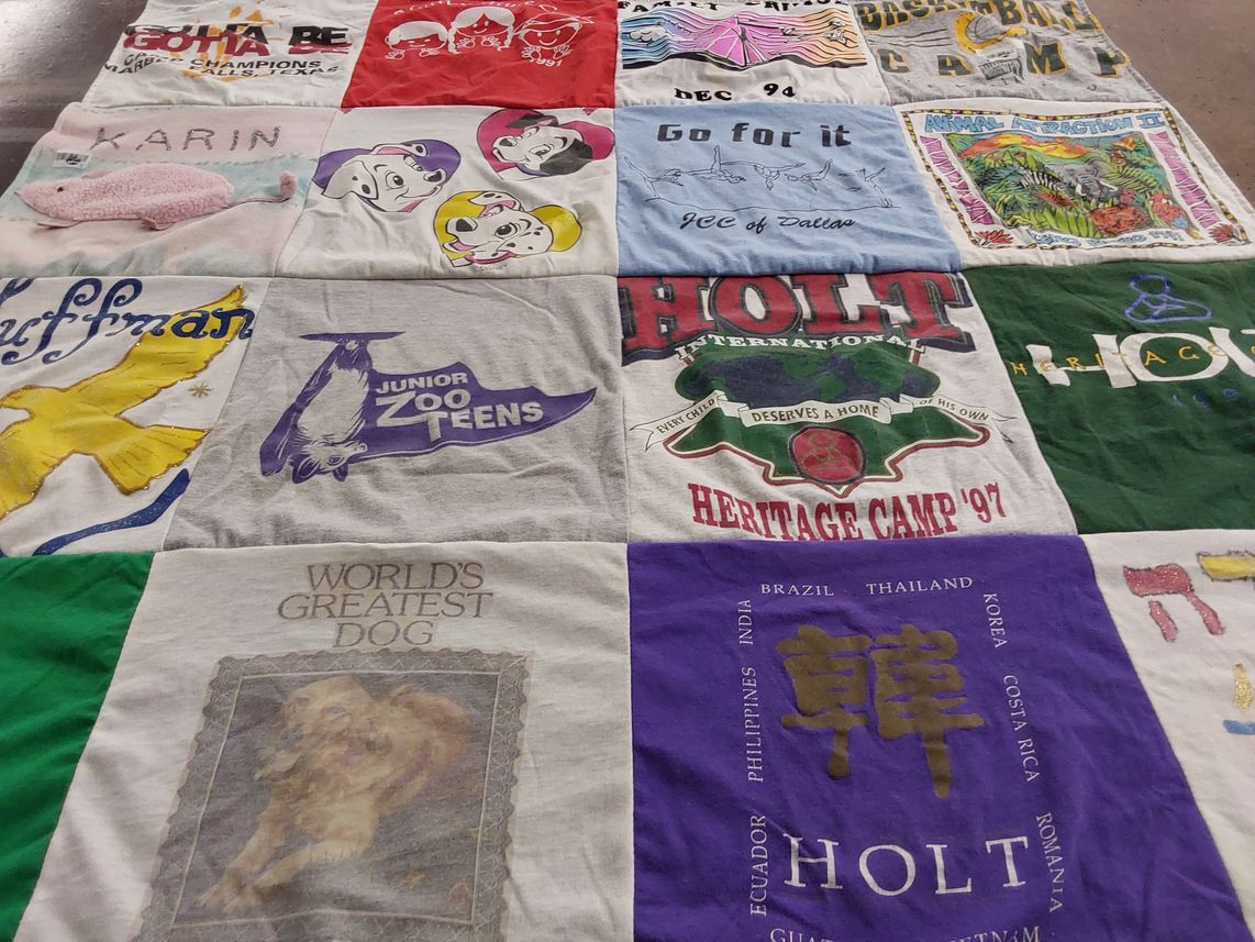 T-shirt quilt with animal care, camping themes by Susan from OR
