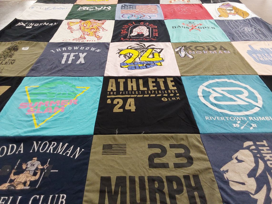 T-shirt quilt with fitness, sports themes by Suzette from OK