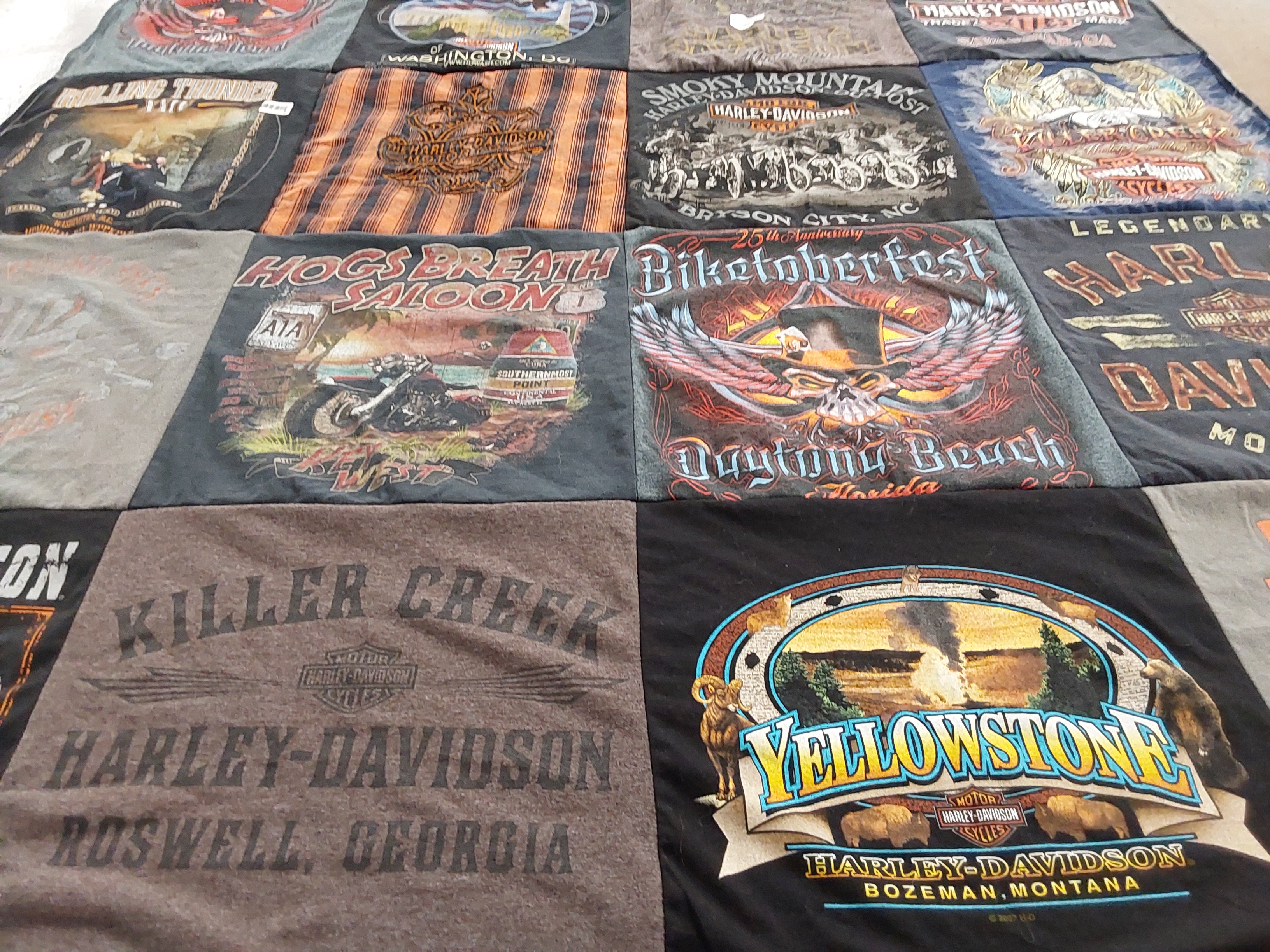 T-shirt quilt with motorcycles, harley-davidson themes by Therese from FL