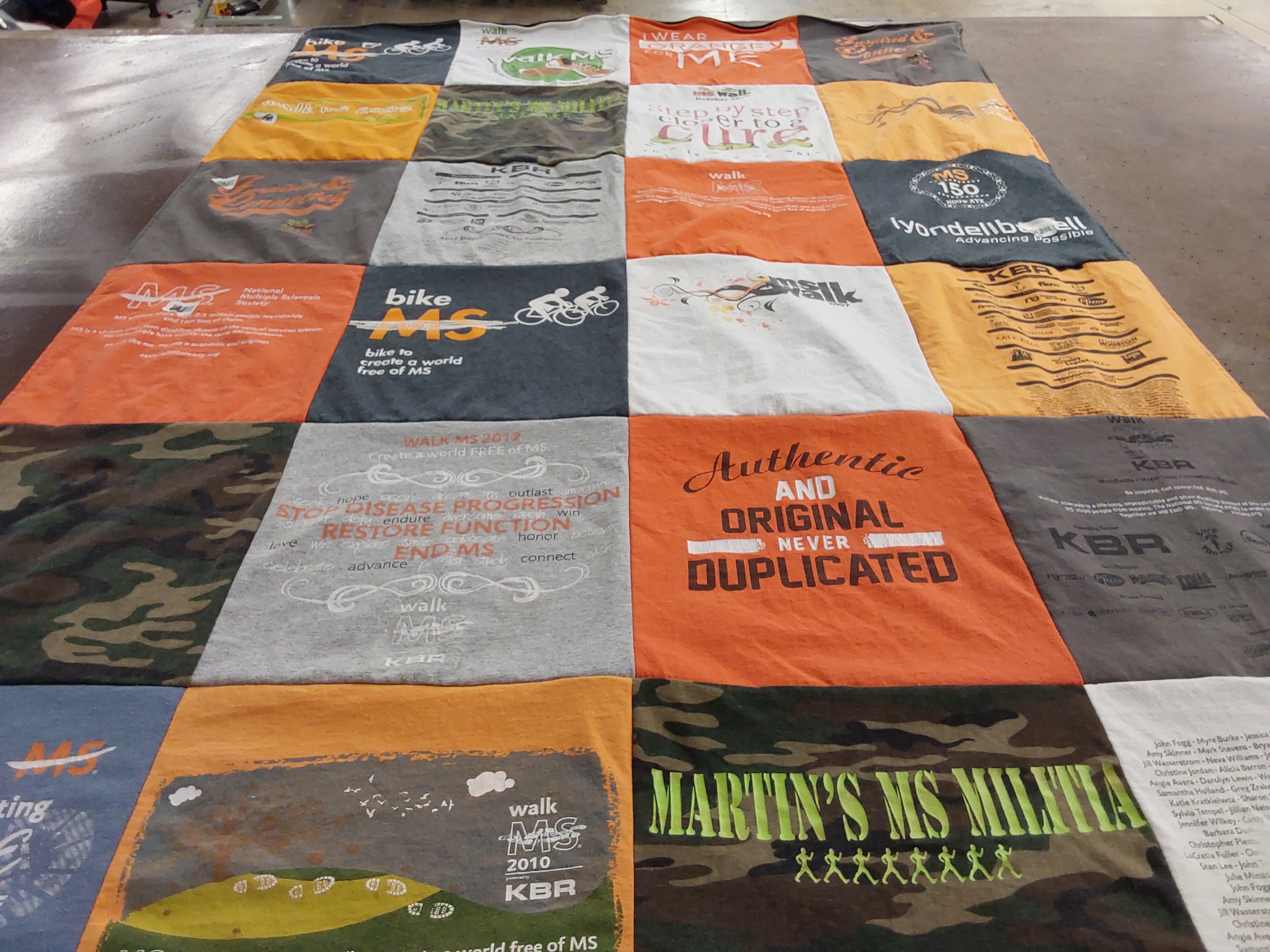 T-shirt quilt with health awareness, multiple sclerosis advocacy themes by Angela from TX