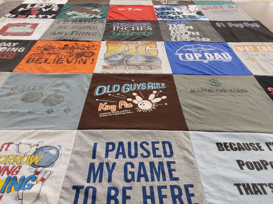 T-shirt quilt with bowling, fatherhood themes by Dana from PA