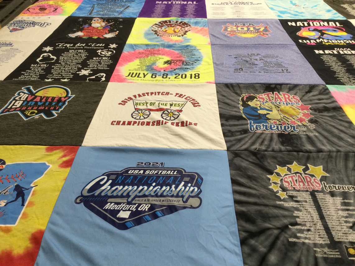 T-shirt quilt with softball, sports themes by Kristy from OR
