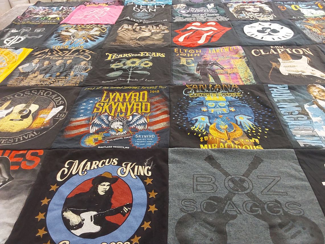 T-shirt quilt with music, concerts themes by zina from NY