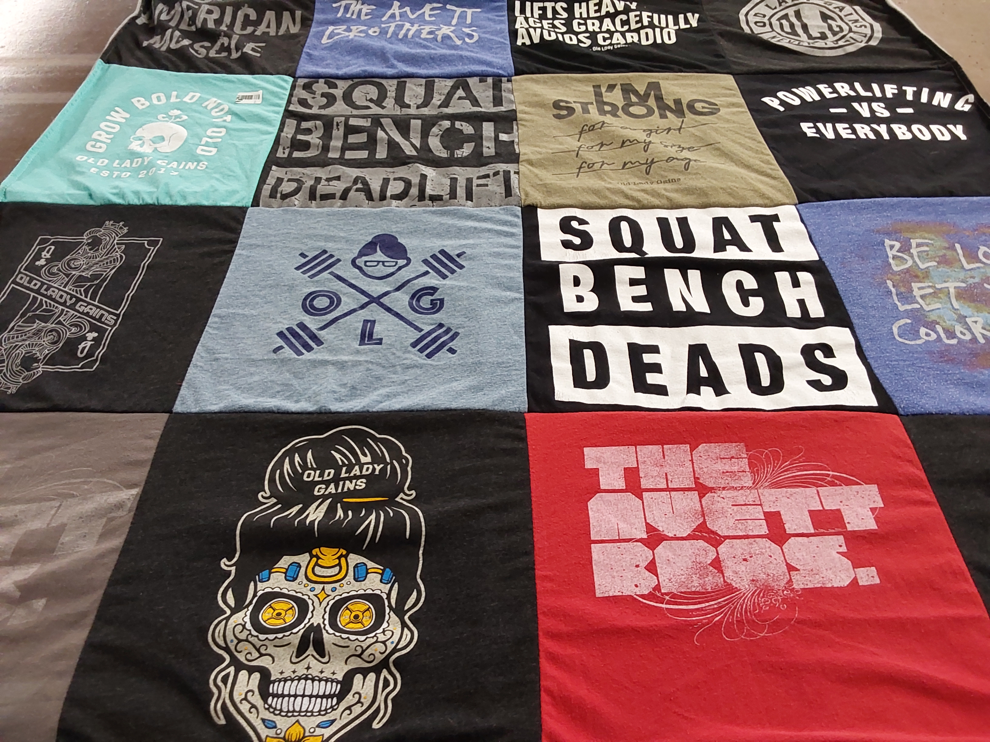 T-shirt quilt with fitness, powerlifting themes by Alissa from AL