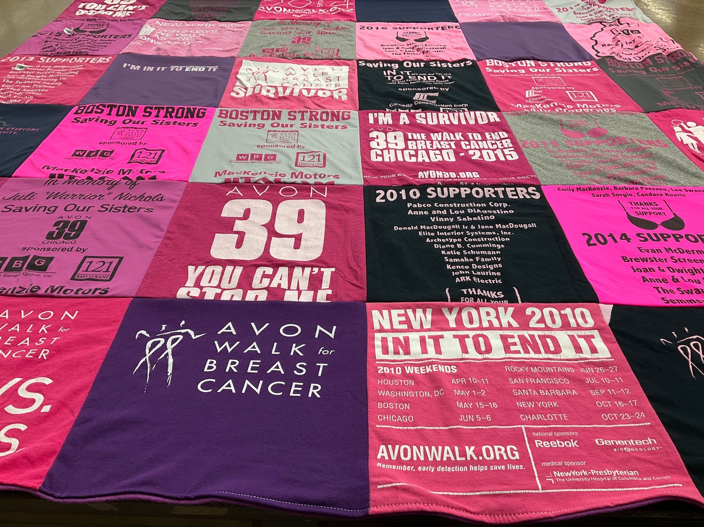 T-shirt quilt with breast cancer awareness, walking for health themes by Daniel from NY