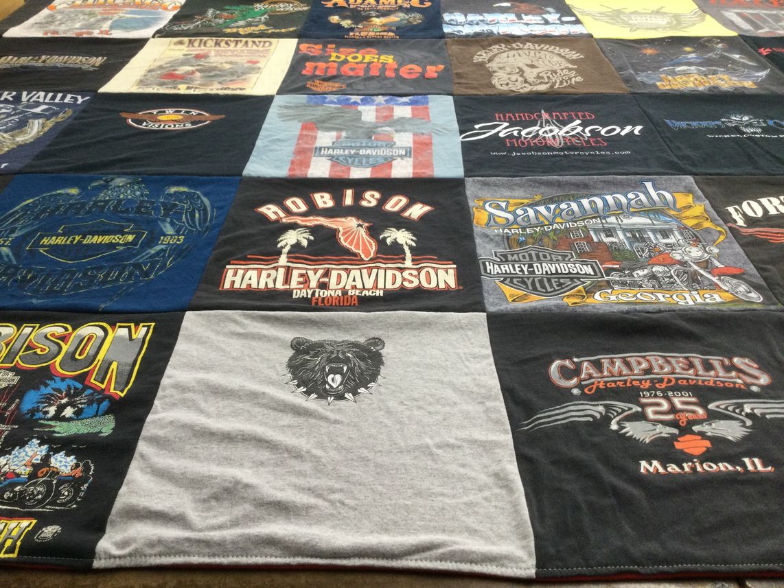 T-shirt quilt with motorcycles, biking themes by Leticia from FL