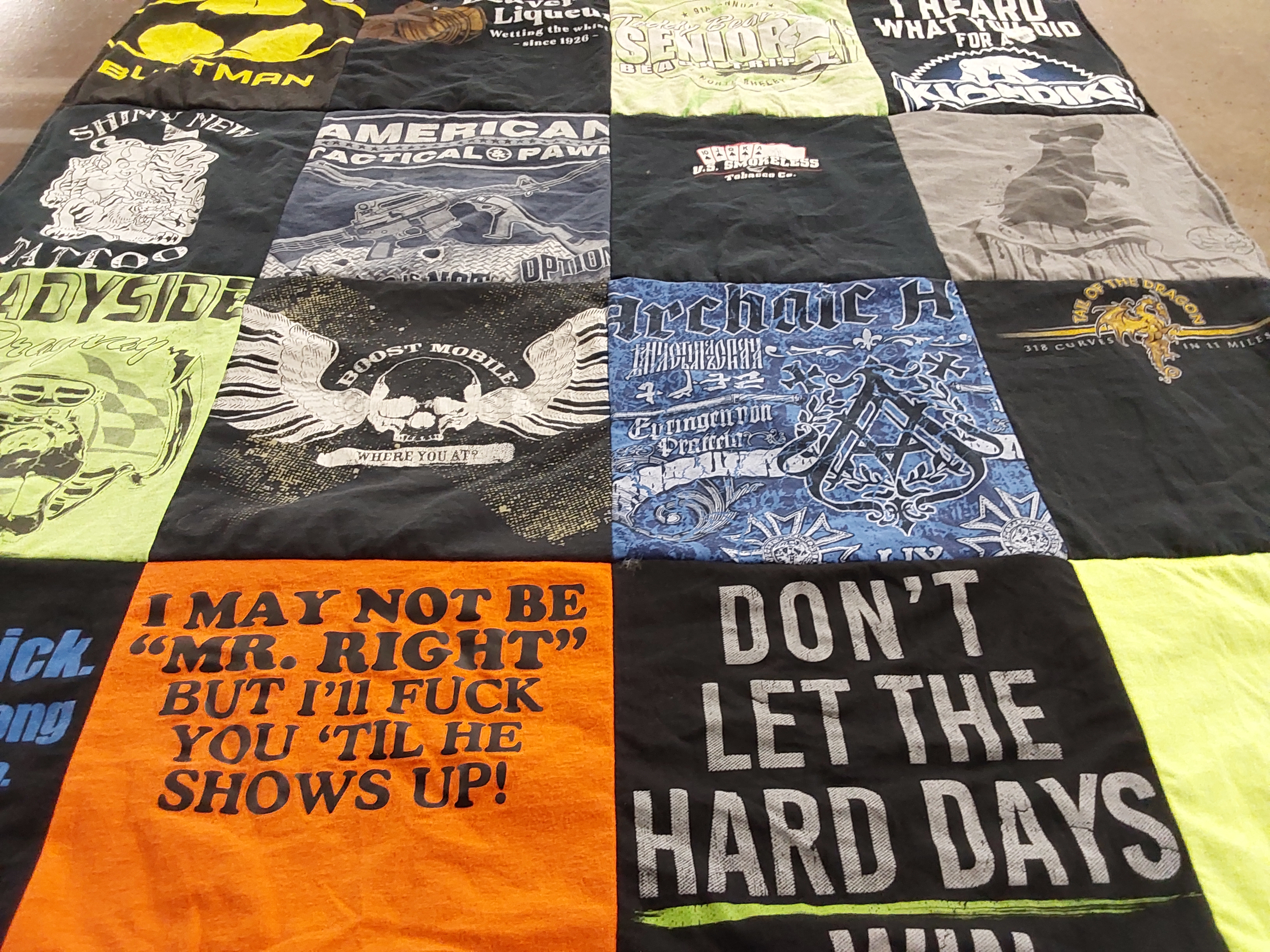 T-shirt quilt with tattoos, motorcycles themes by Marybeth from NC