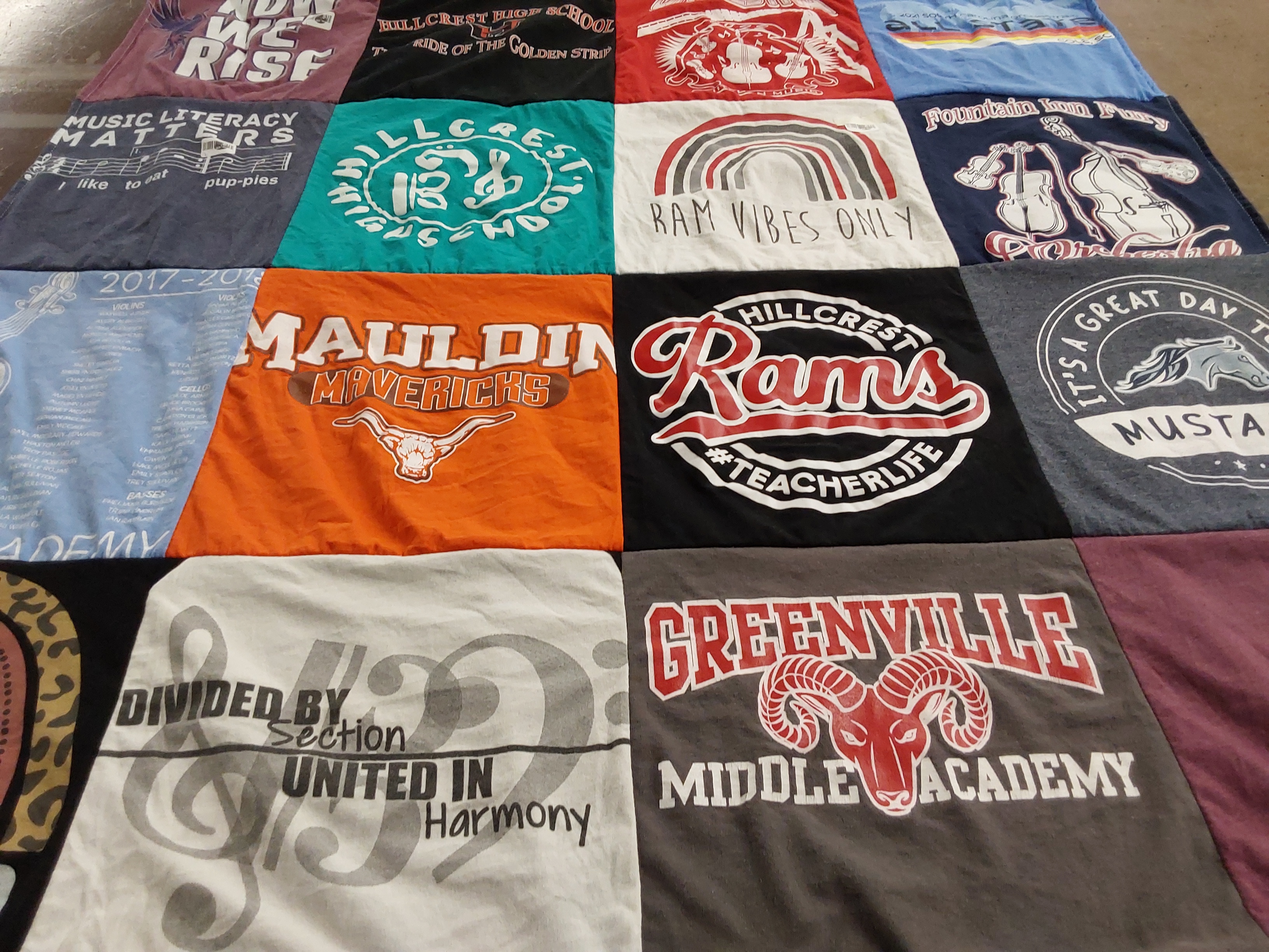 T-shirt quilt featuring mauldin mavericks, hillcrest rams by Mary from NC