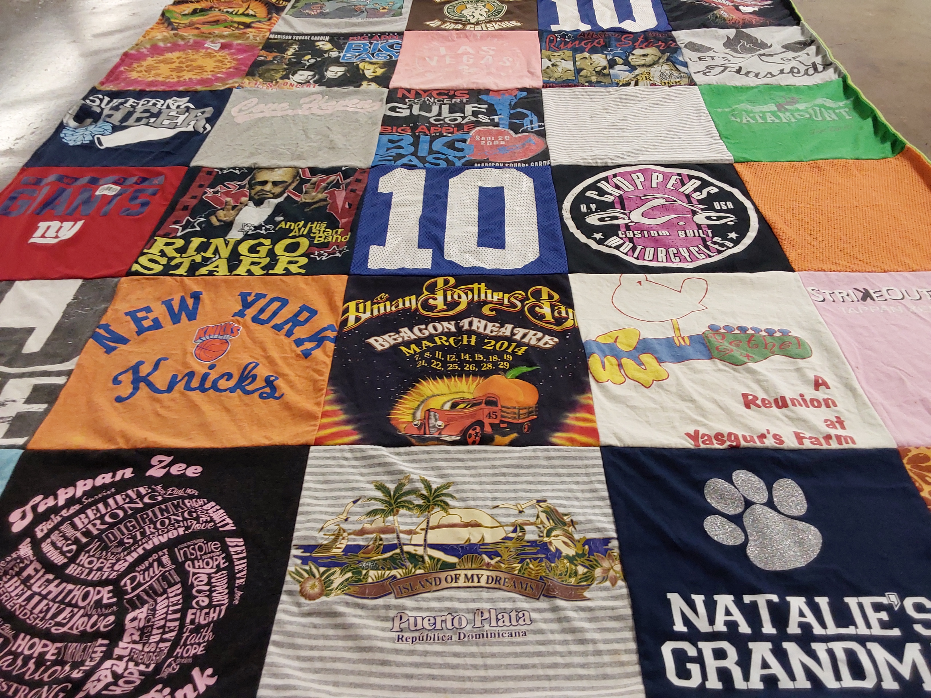 Custom Project Repat t-shirt quilt with new york knicks team logos.