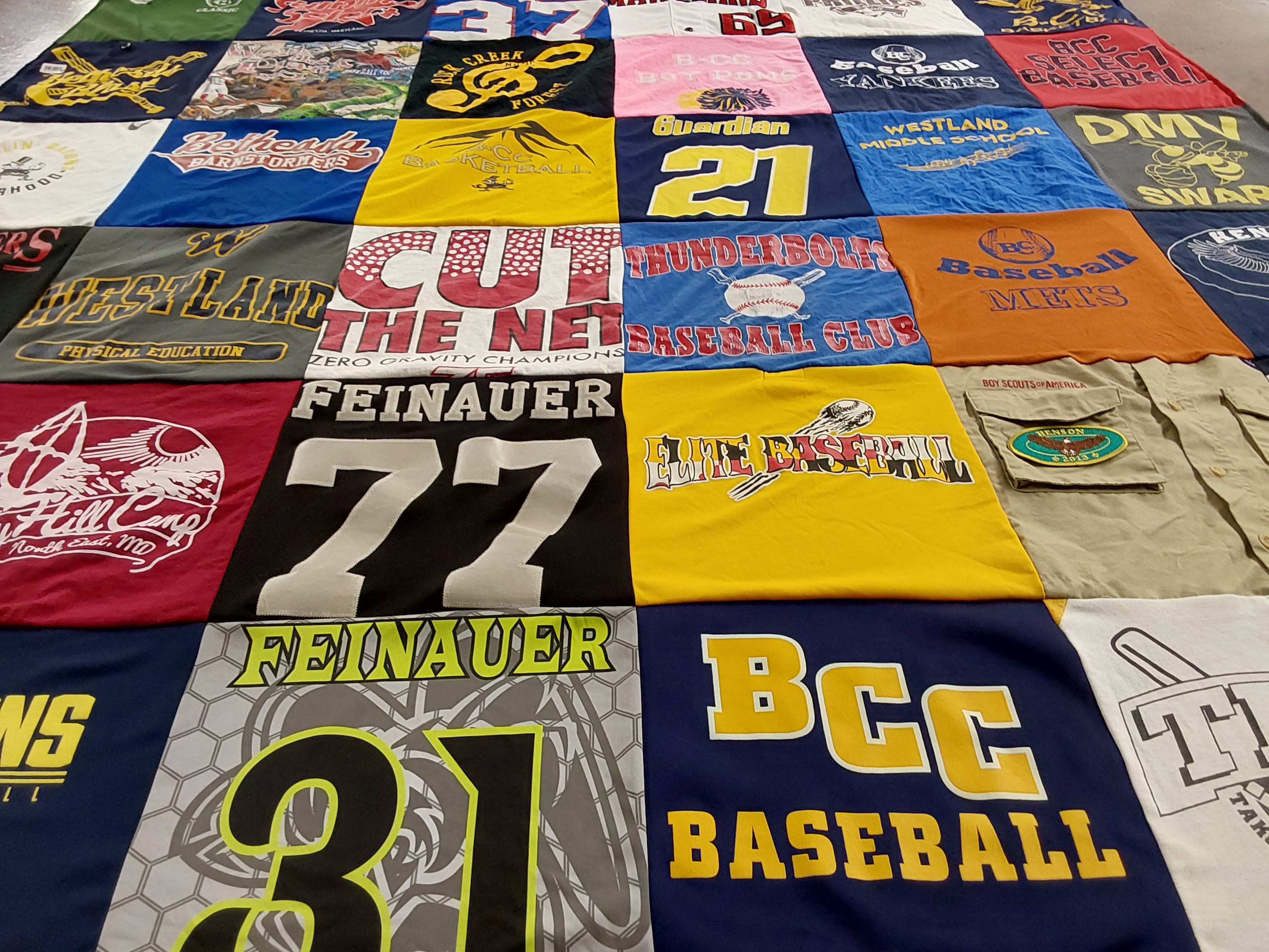 T-shirt quilt featuring thunderbolts, bcc baseball by Laura from MD