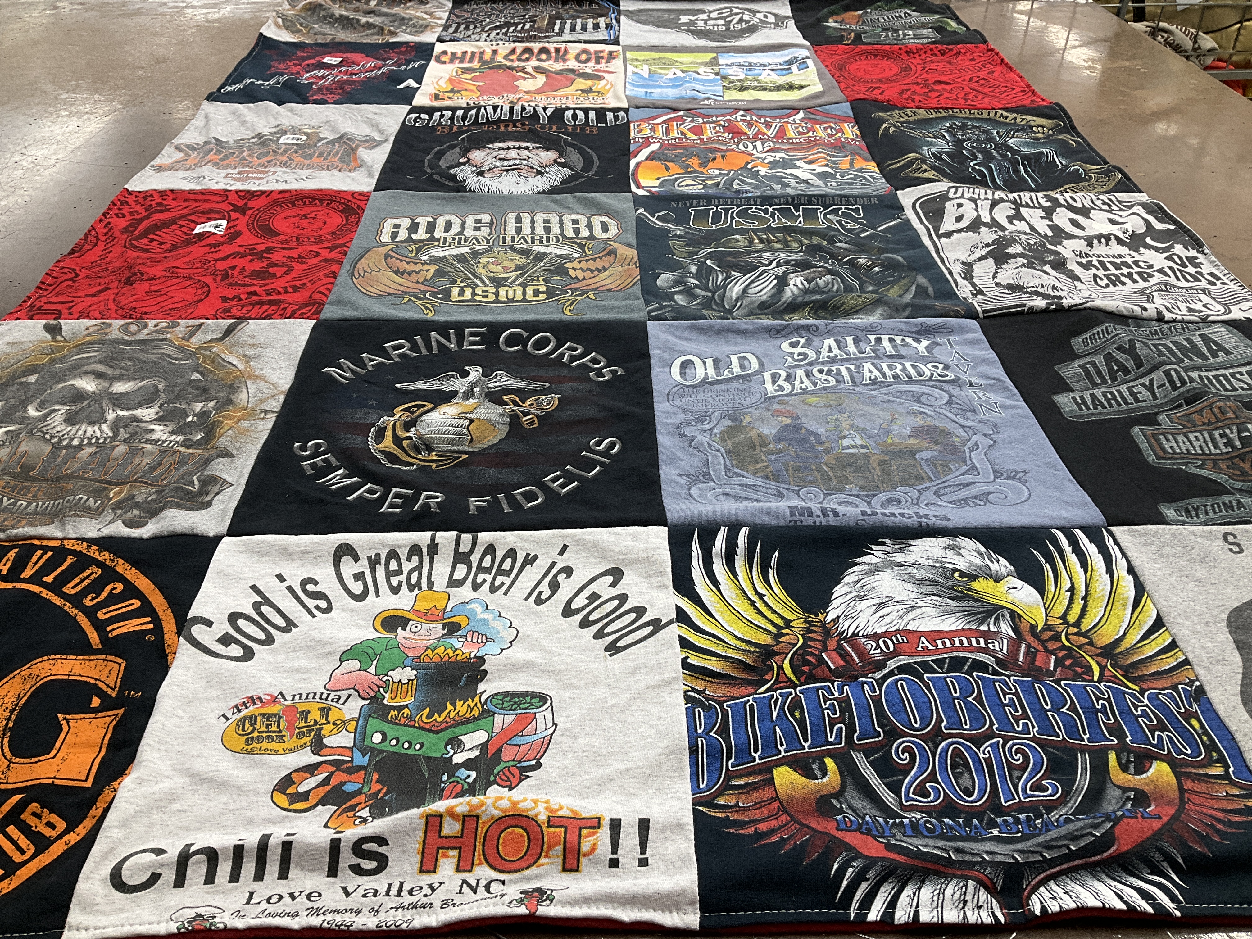 T-shirt quilt with motorcycling, beer themes by Bob from SC