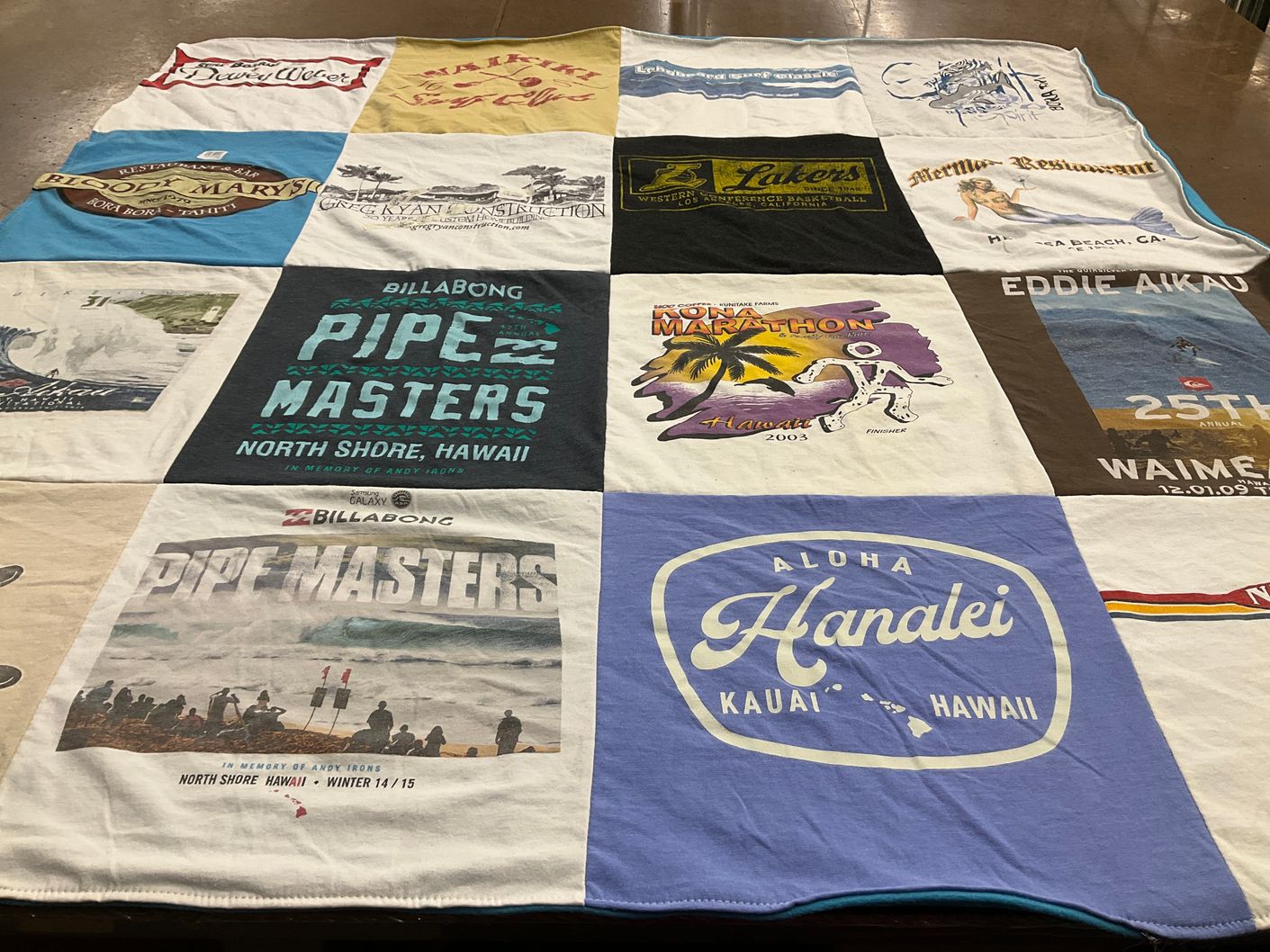 T-shirt quilt with surfing, travel themes by Cecelia from HI