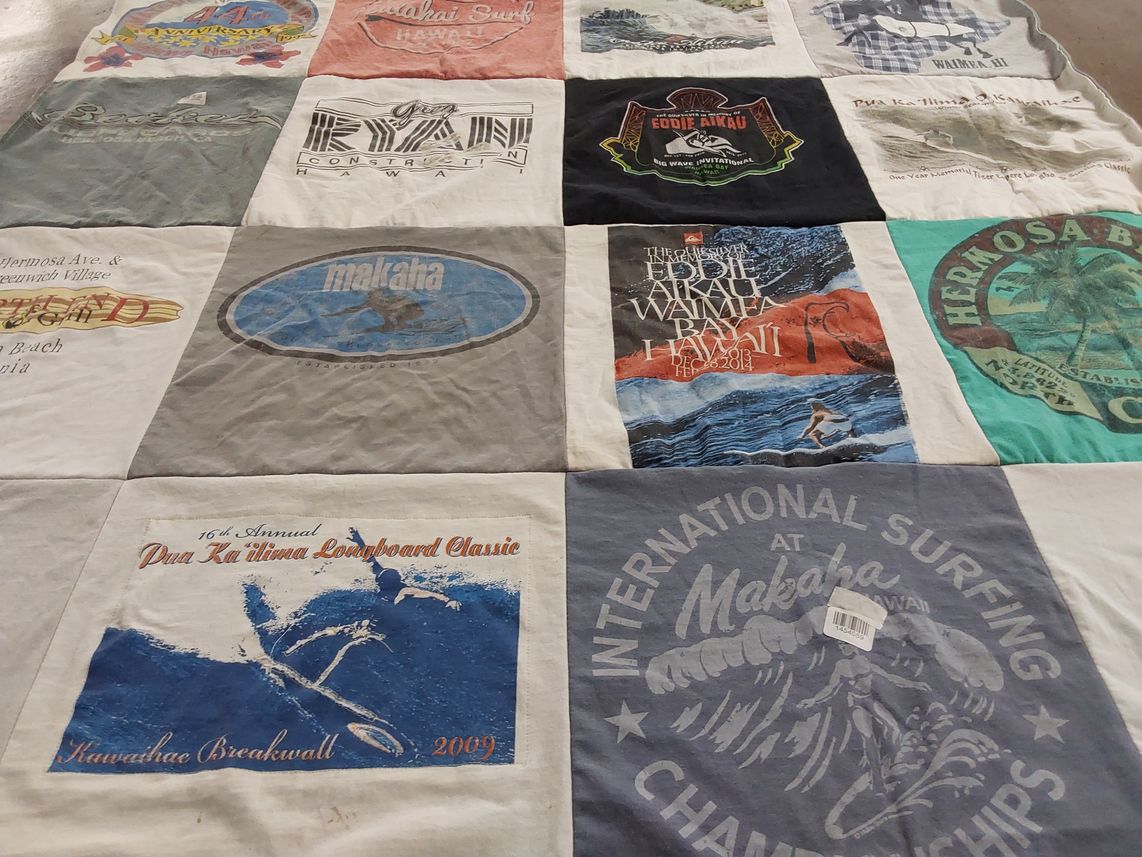 T-shirt quilt with surfing, longboarding themes by Cecelia from HI