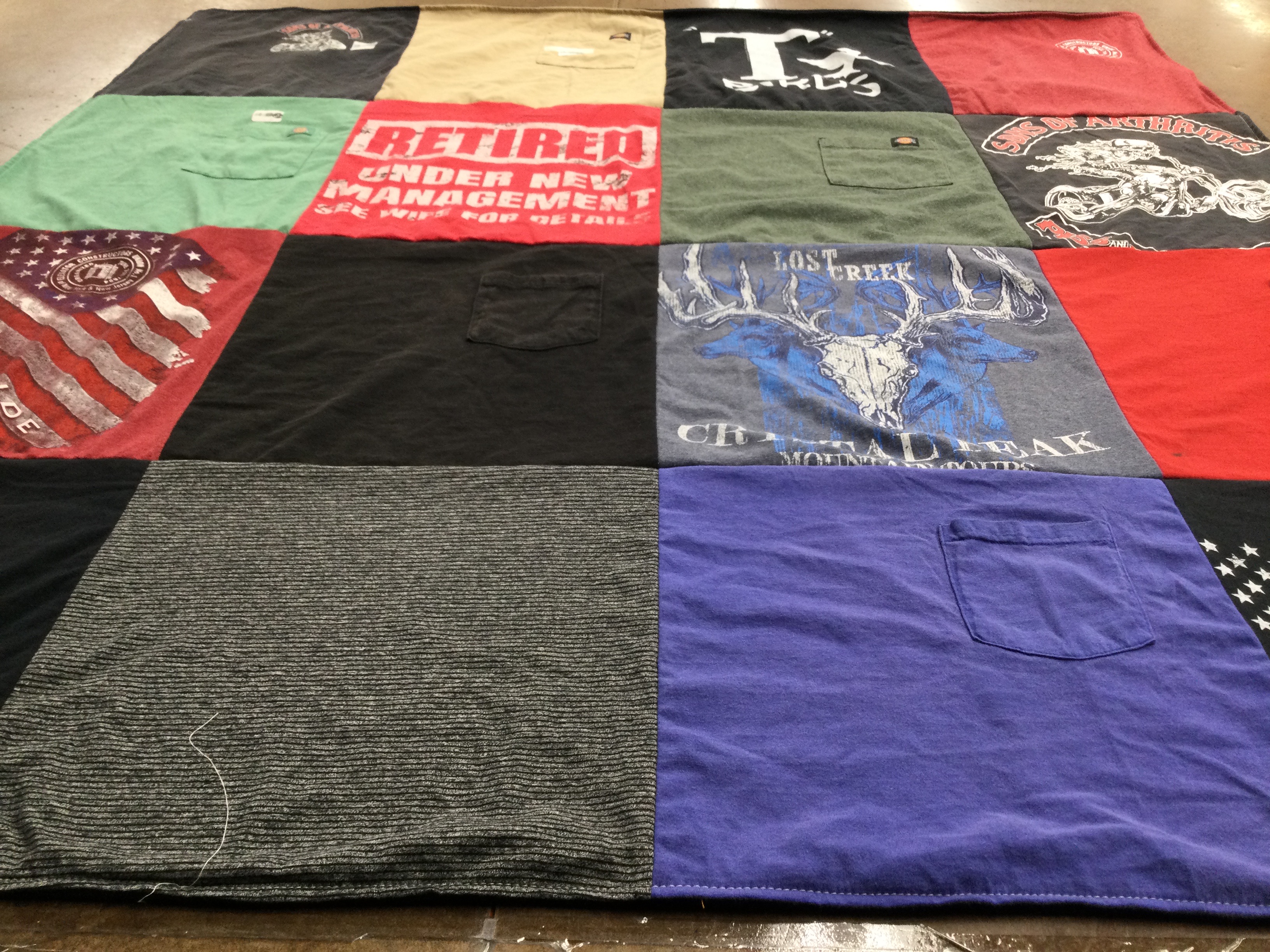 T-shirt quilt with hunting, patriotism themes by Janice from SC