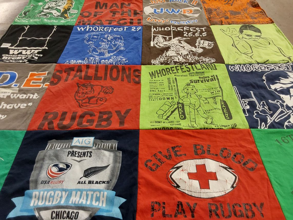 T-shirt quilt with rugby, events themes by Joseph from IL