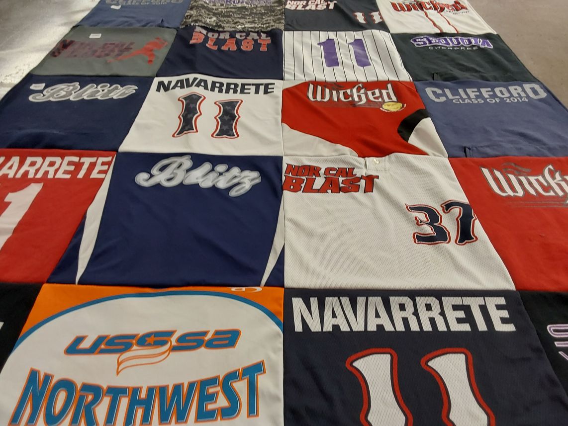 T-shirt quilt with sports, softball themes by Colleen from CA