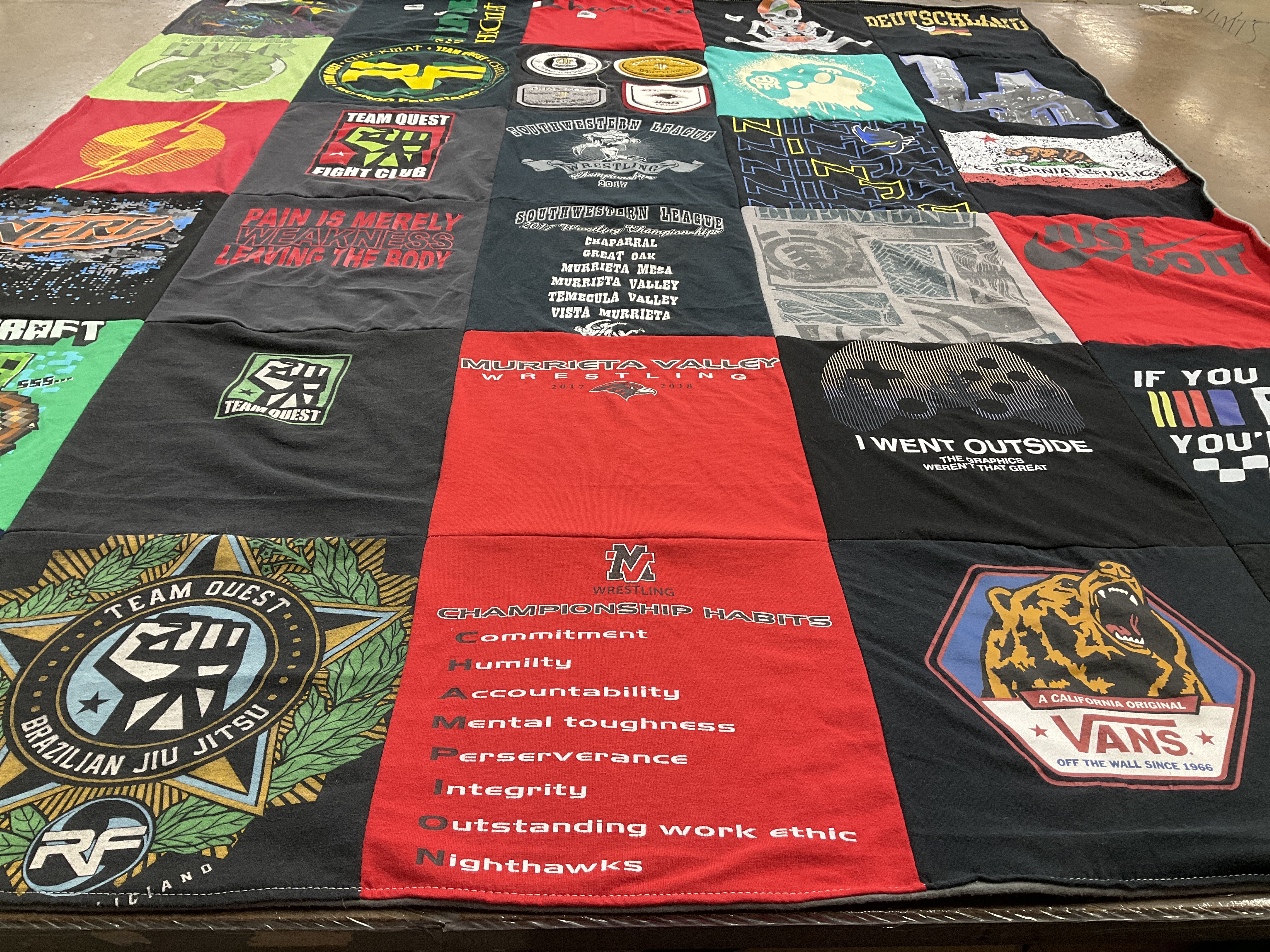 Custom Project Repat t-shirt quilt featuring shirts from murrieta valley high school.