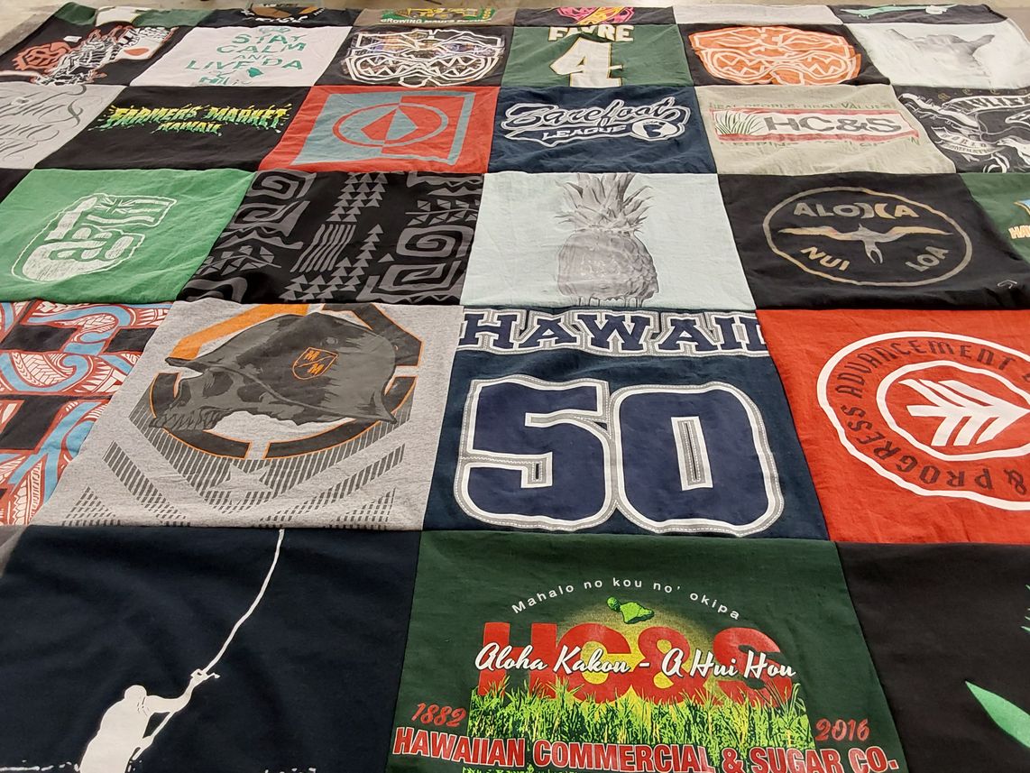 T-shirt quilt with fishing, local markets themes by Marilyn from HI