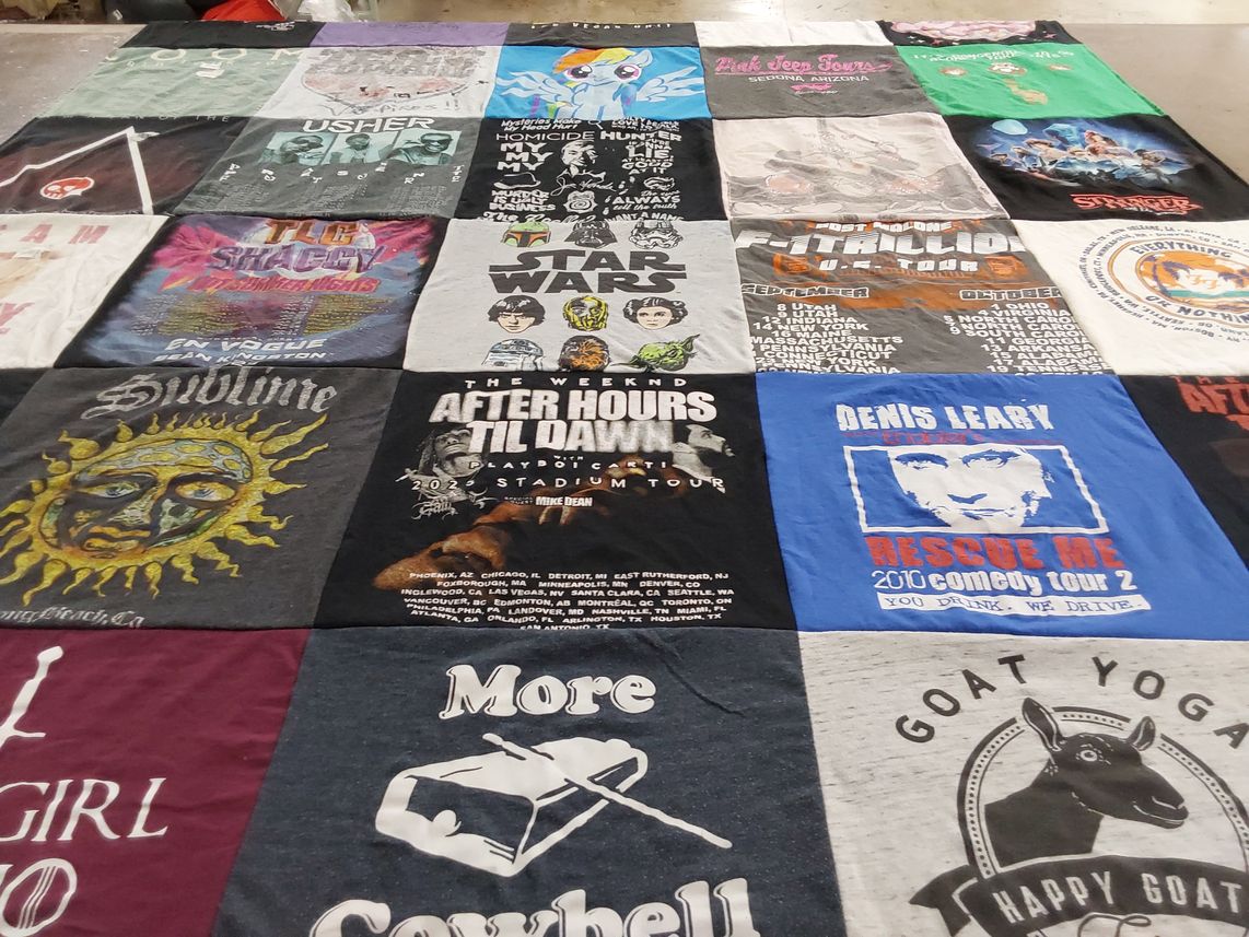 T-shirt quilt with music, comedy themes by Stephanie from MA