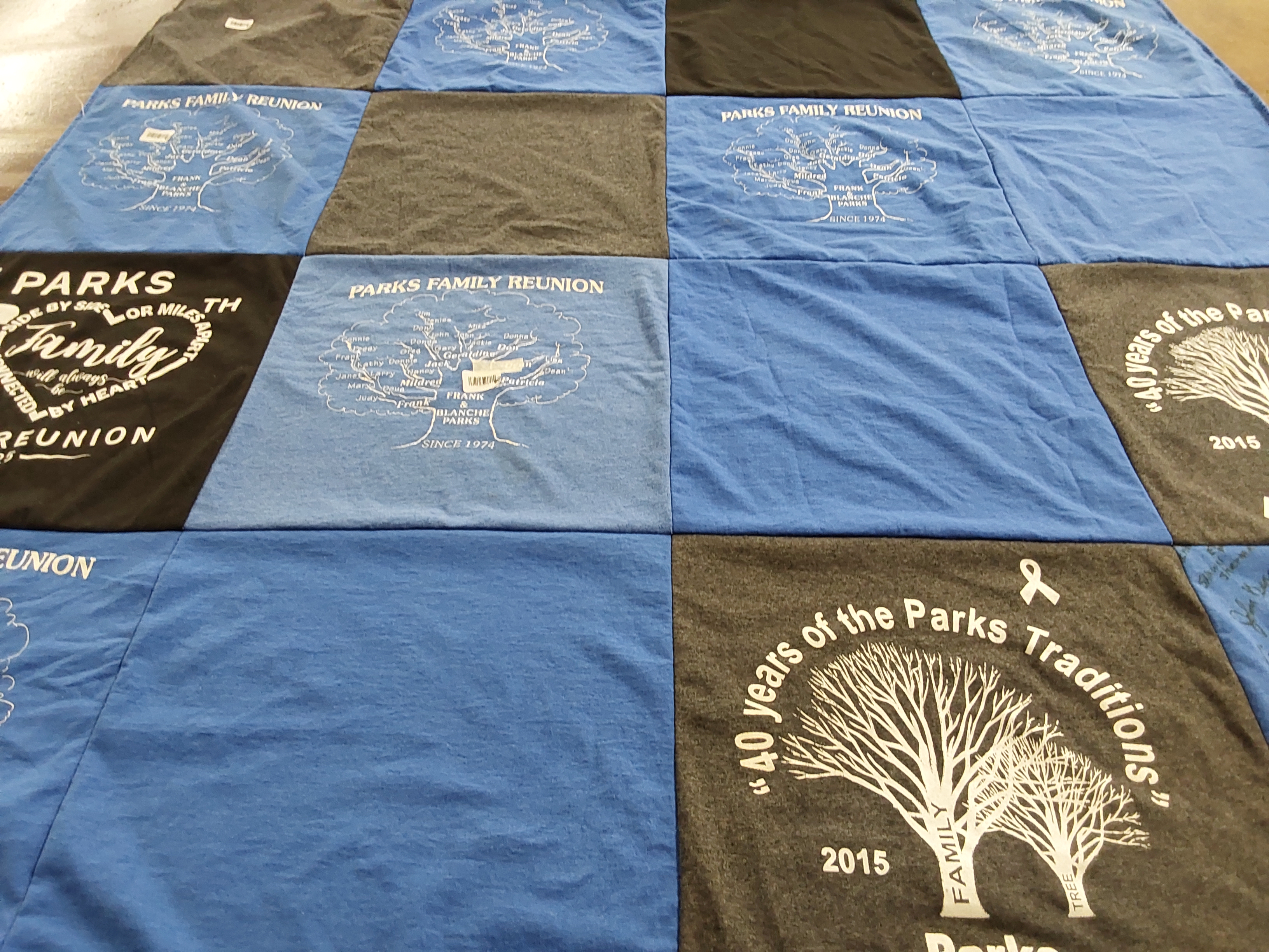T-shirt quilt with family gatherings, genealogy themes by Kendra from CA