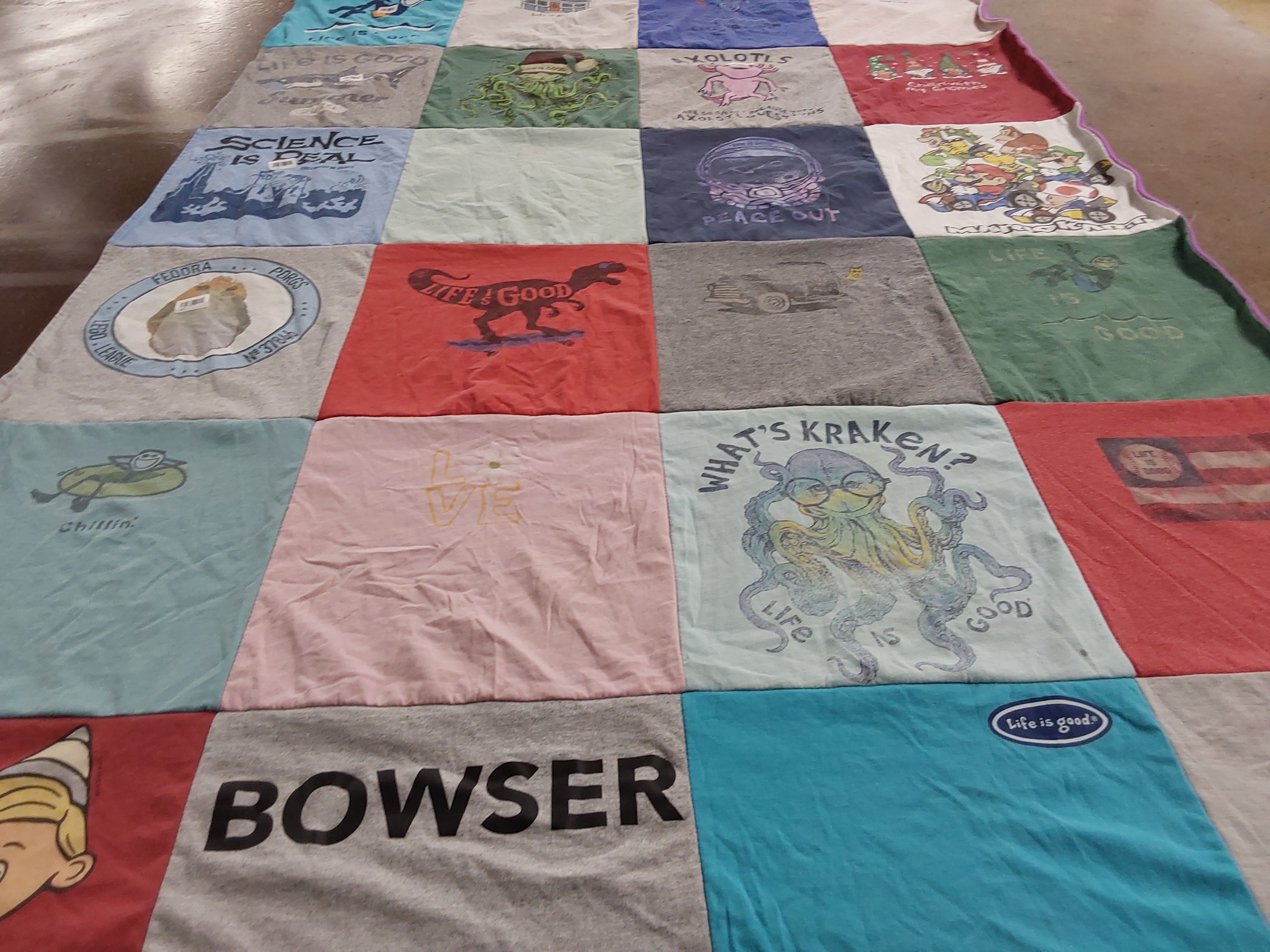 T-shirt quilt with science, gaming themes by Tanya from NJ