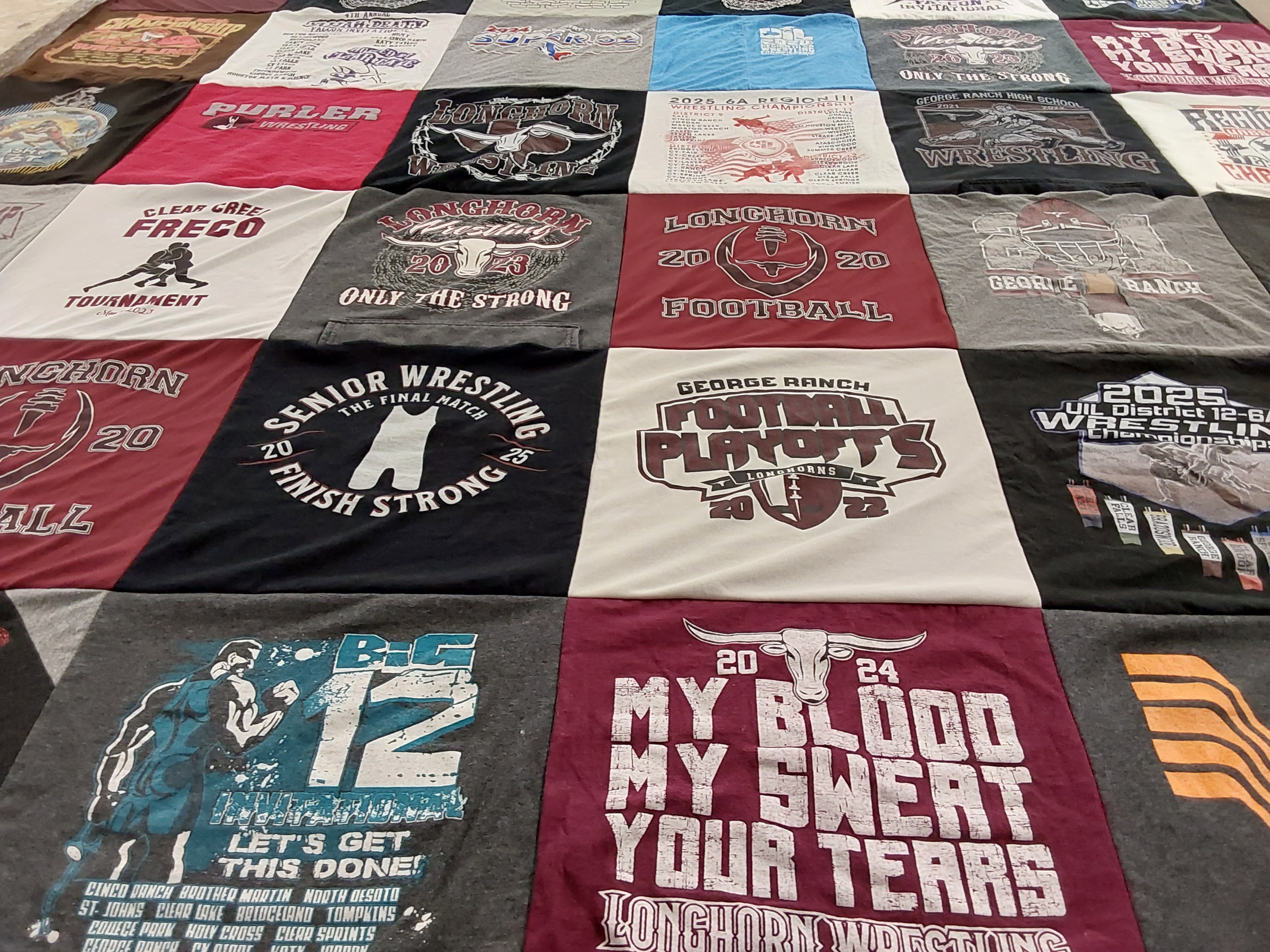 T-shirt quilt featuring longhorn wrestling, longhorn football by Christine from TX