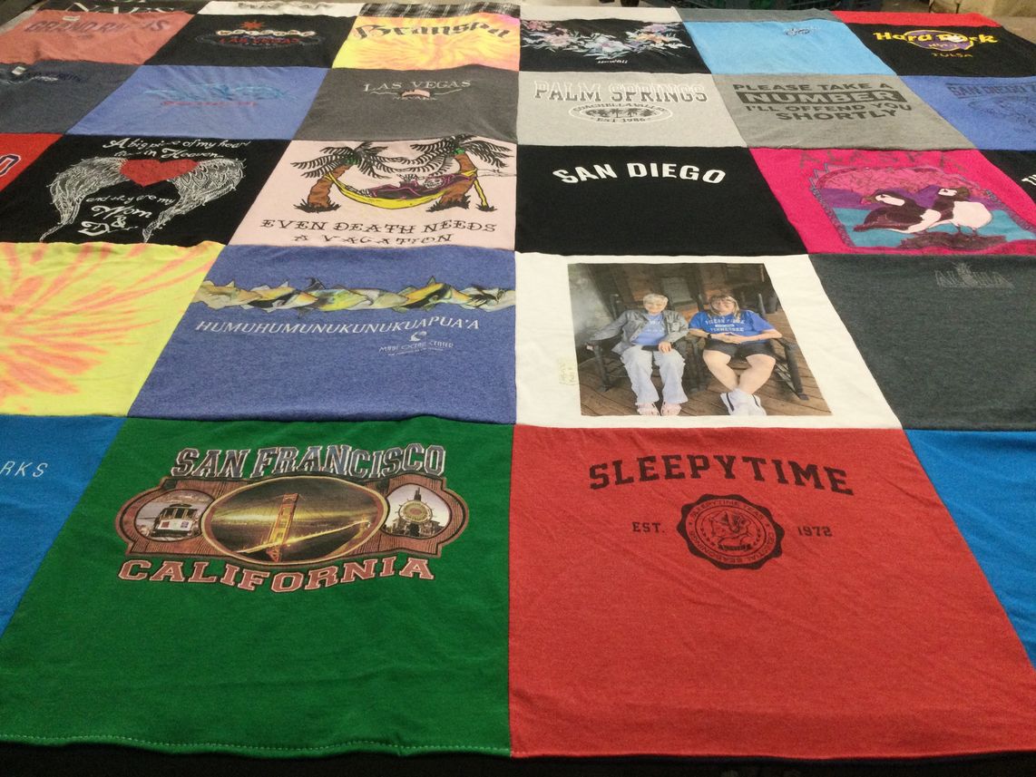 T-shirt quilt with travel, vacation themes by Kim from CO