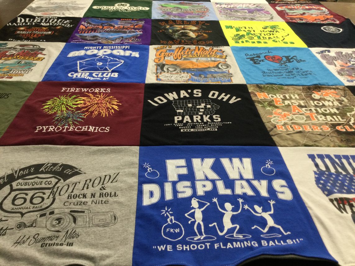T-shirt quilt with fireworks, motor vehicles themes by Julie from IA