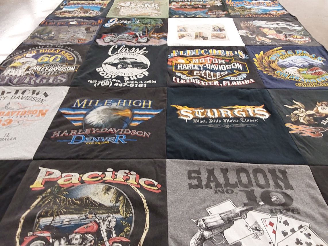 T-shirt quilt with motorcycles, biker culture themes by Tina from IL