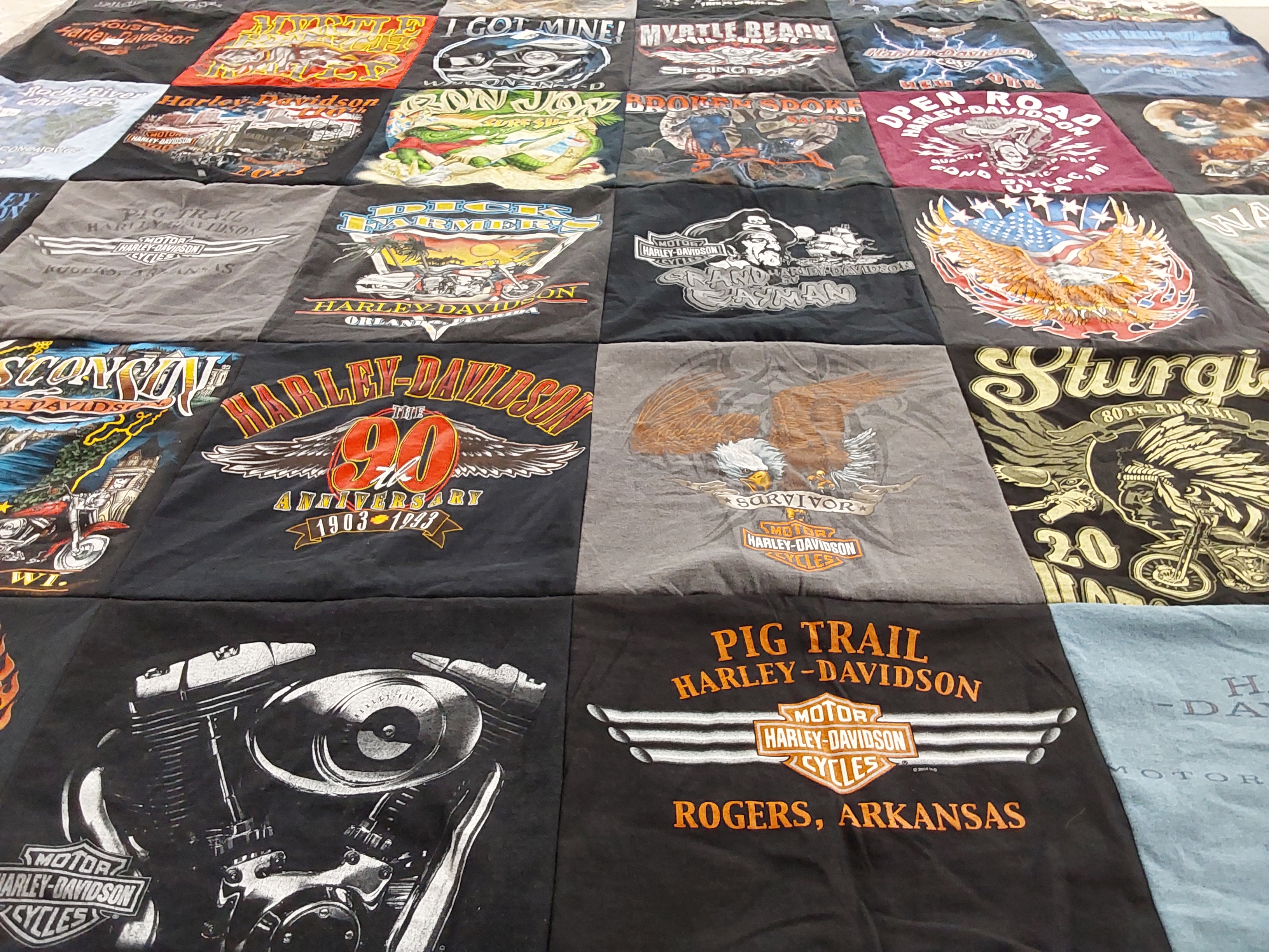 T-shirt quilt with motorcycles, biking themes by Brenda from WI