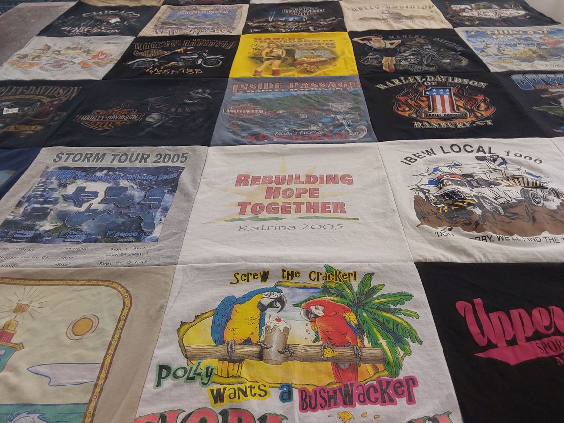 T-shirt quilt with motorcycles, hurricanes themes by Claressa from MD