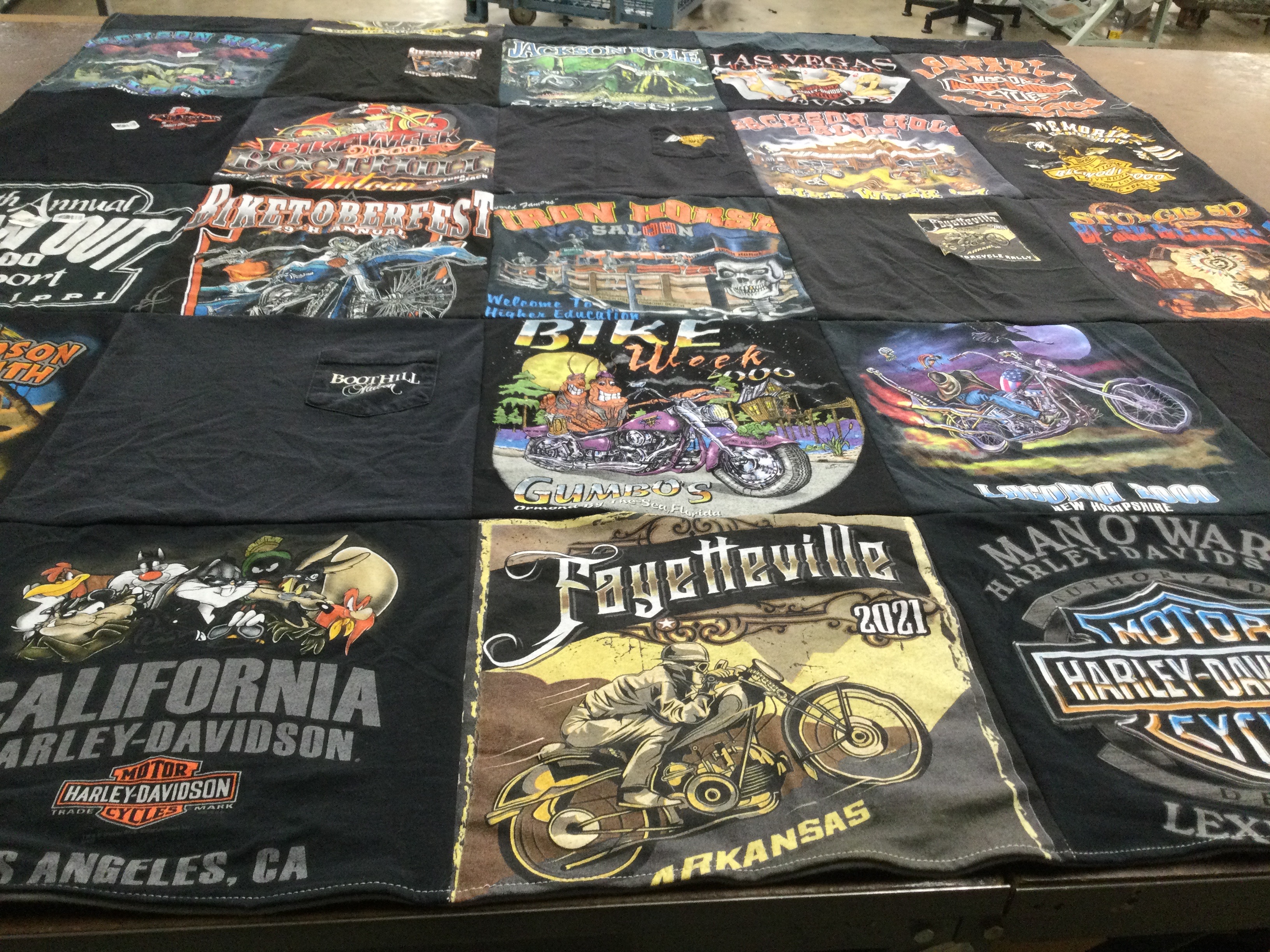 T-shirt quilt with motorcycles, biking themes by Michael from NC